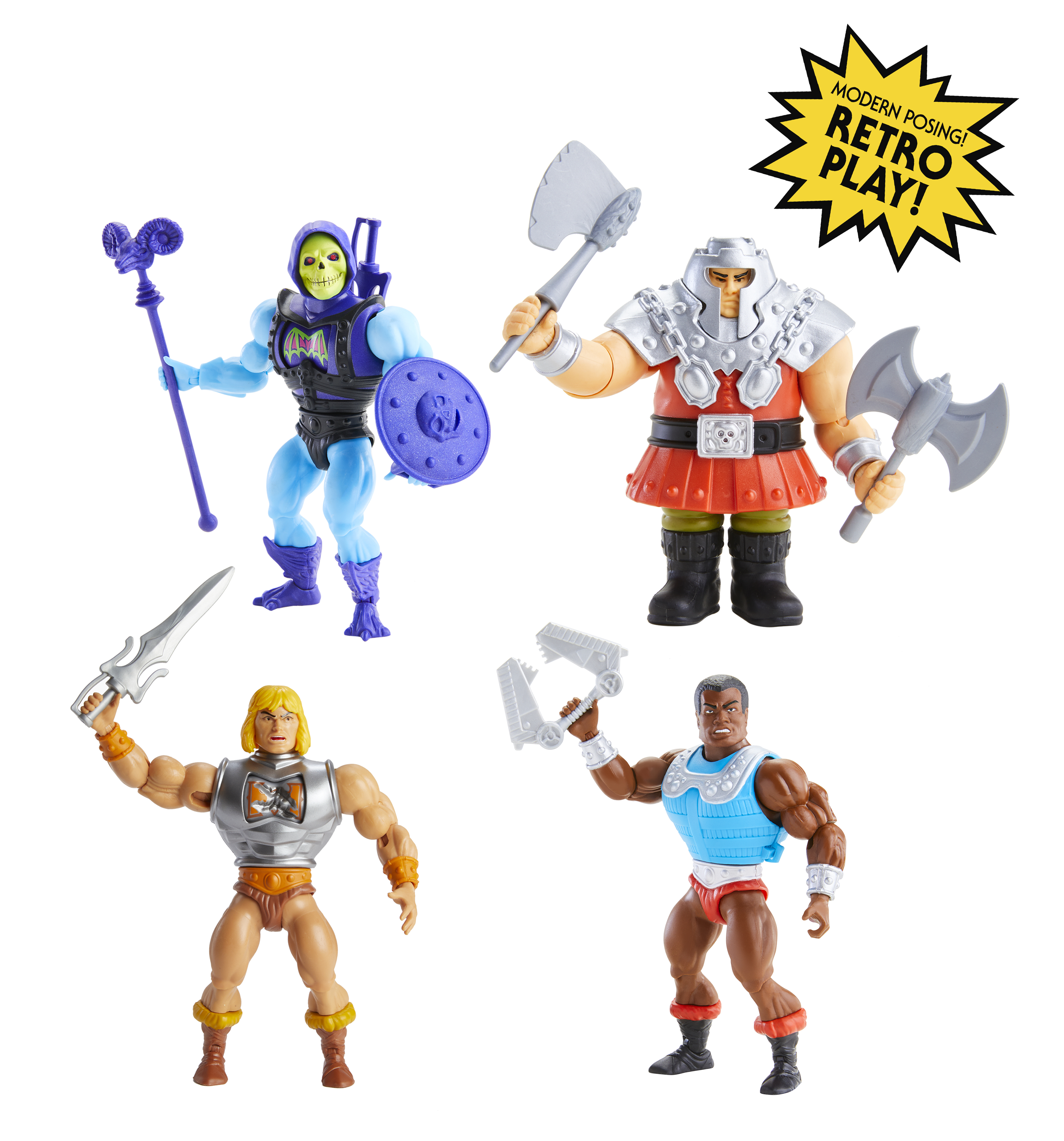 Cztery figurki postaci He-Mana. Figurki pozują na białej powierzchni.