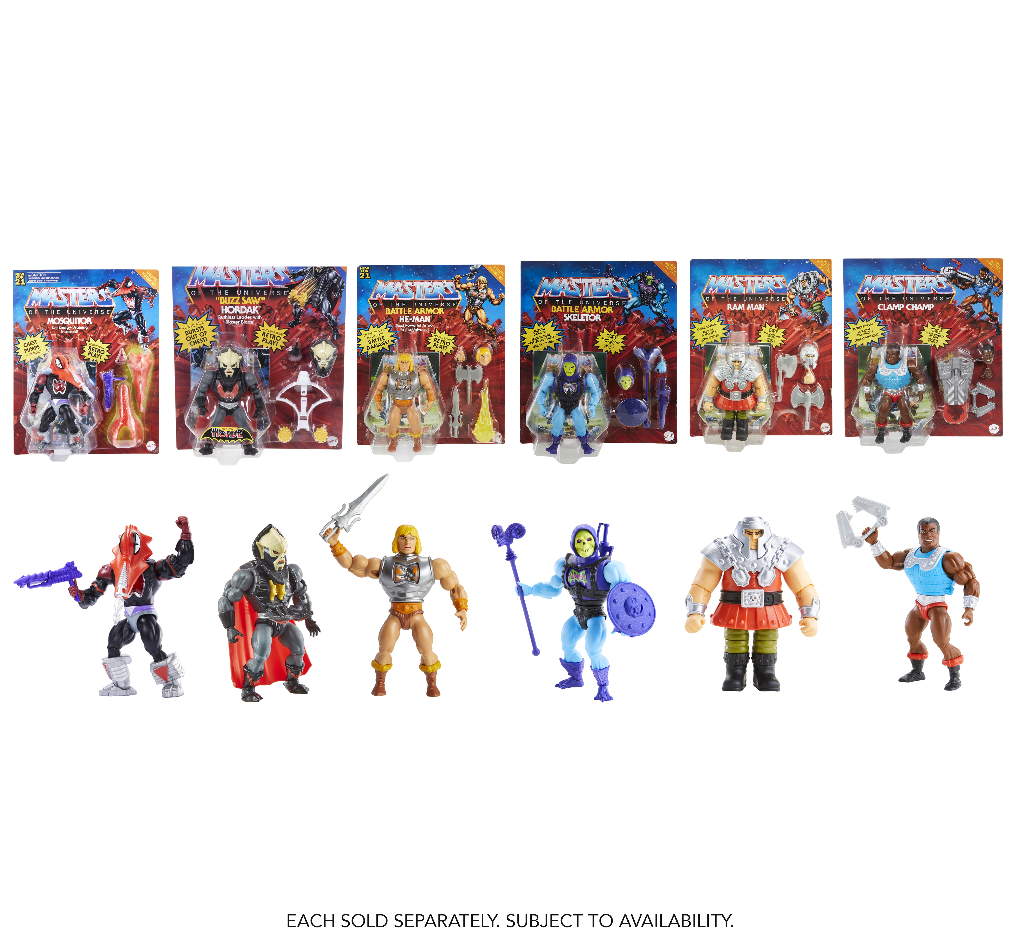 Figurki postaci He-Mana w opakowaniach i wystawione.