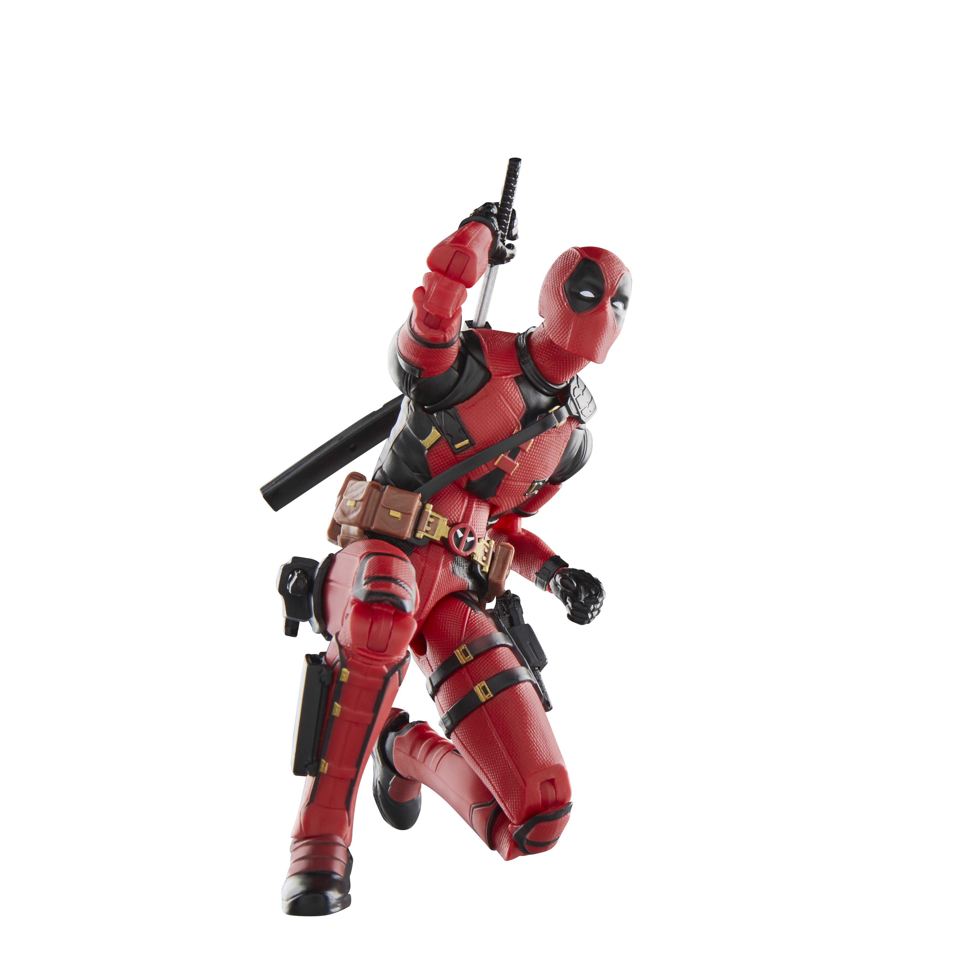 Deadpool aksiyon figürü dinamik bir pozda, kırmızı ve siyah bir takım elbise giymiş, bir kılıç tutuyor. Beyaz zemin.
