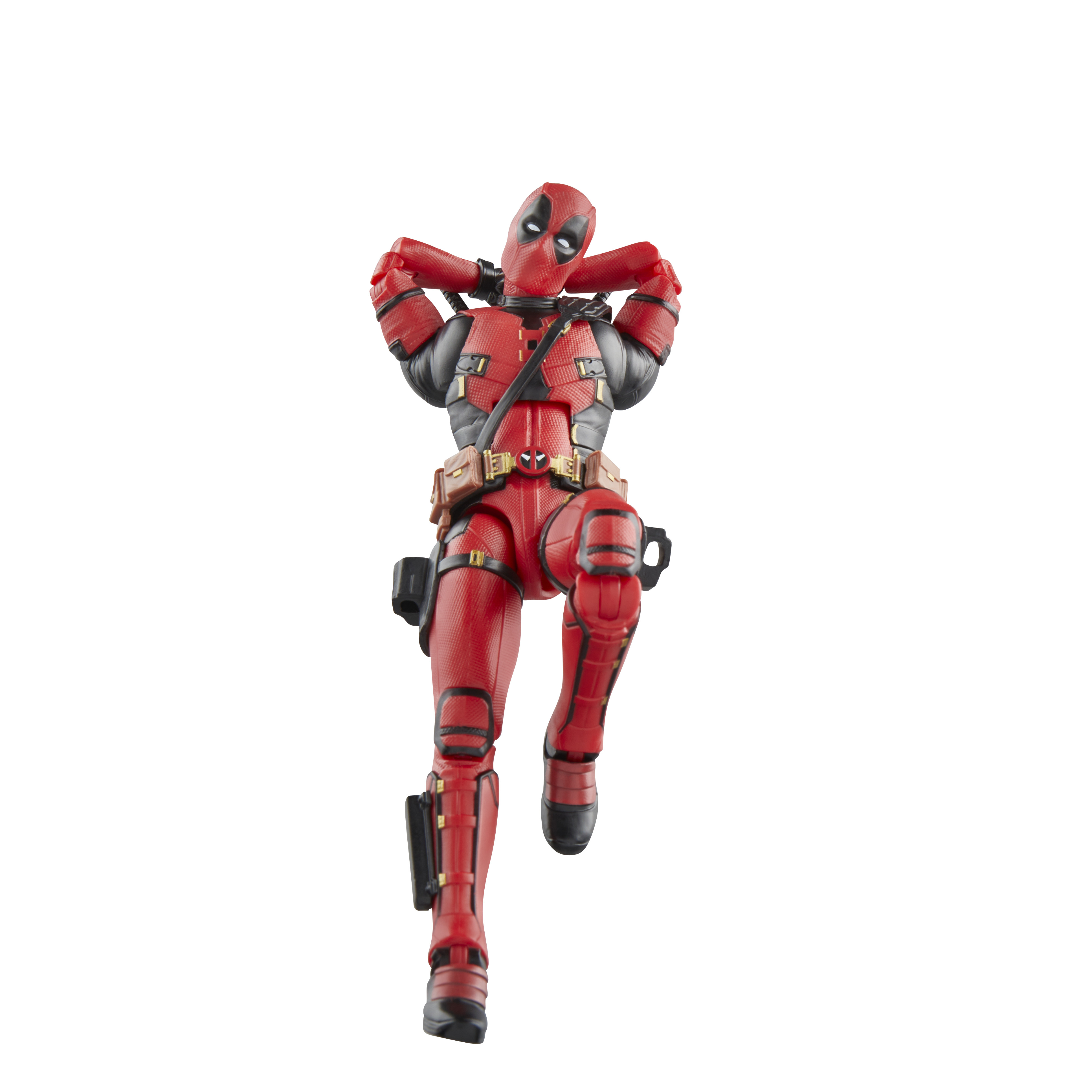 Deadpool aksiyon figürü çömelme pozunda, kırmızı ve siyah takım elbise, kollar havada. Beyaz zemin.