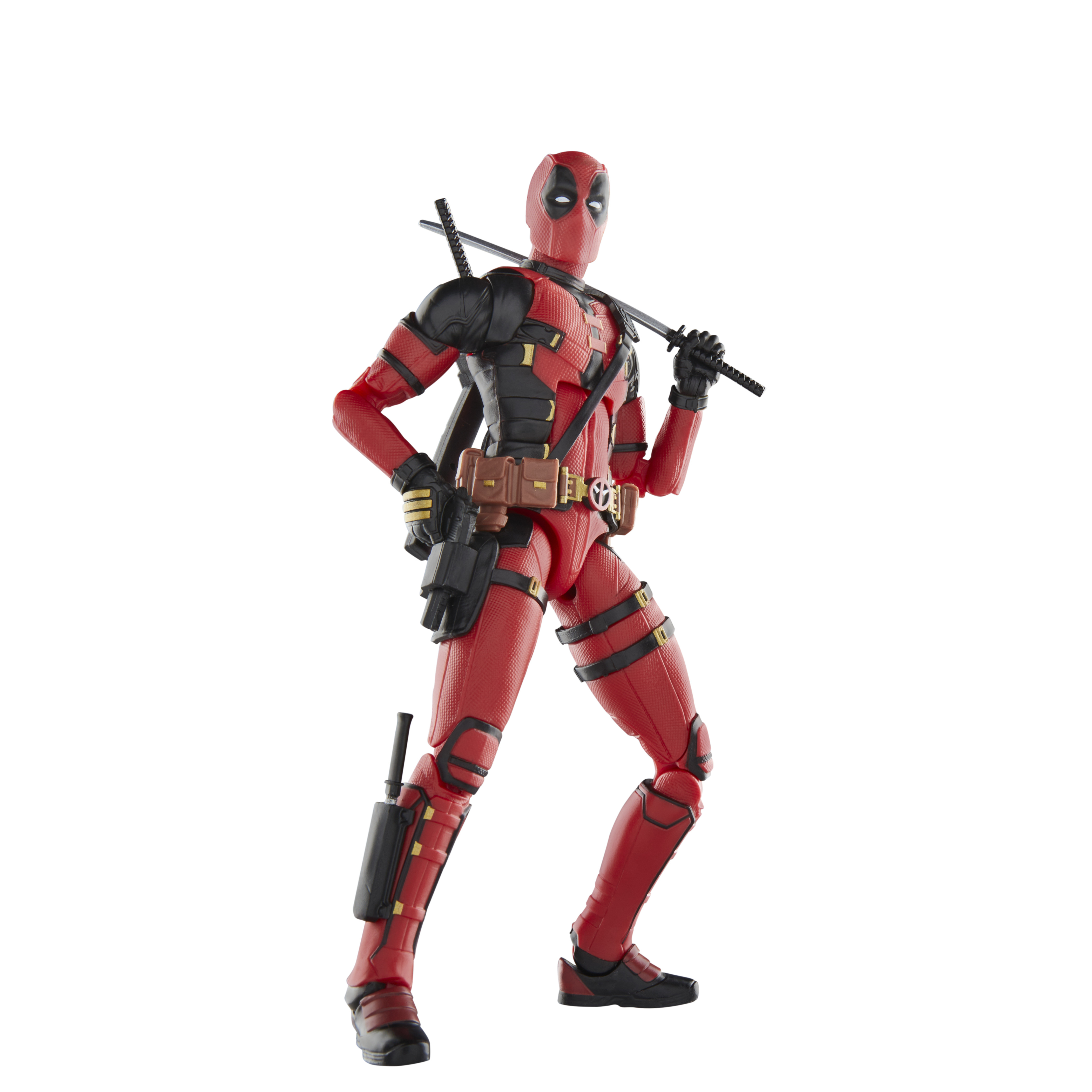 Deadpool aksiyon figürü, sırtında kılıçlarla duruyor. Kırmızı ve siyah takım elbise, siyah zemin.