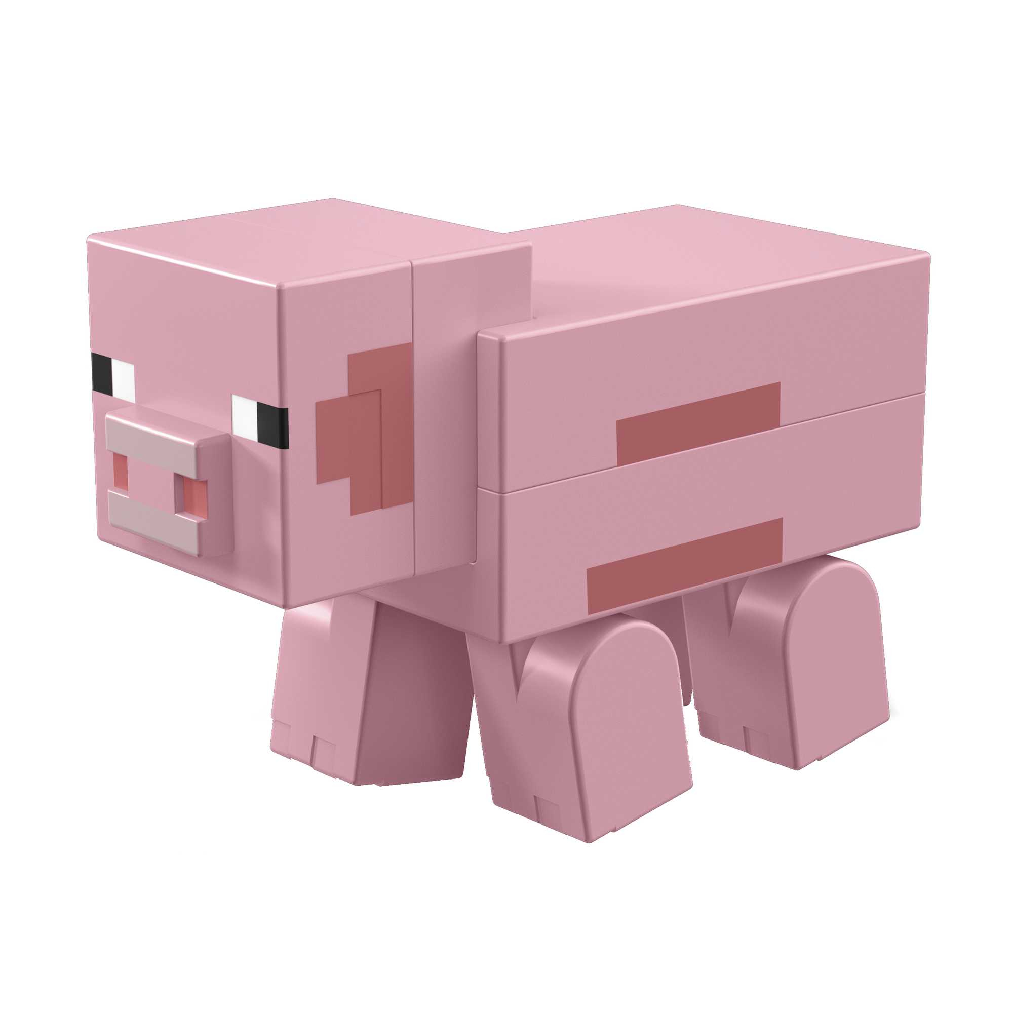 Eine rosa Minecraft-Schwein-Spielfigur mit rechteckigem Körper und kleinen Beinen. Es hat eine eckige Schnauze.