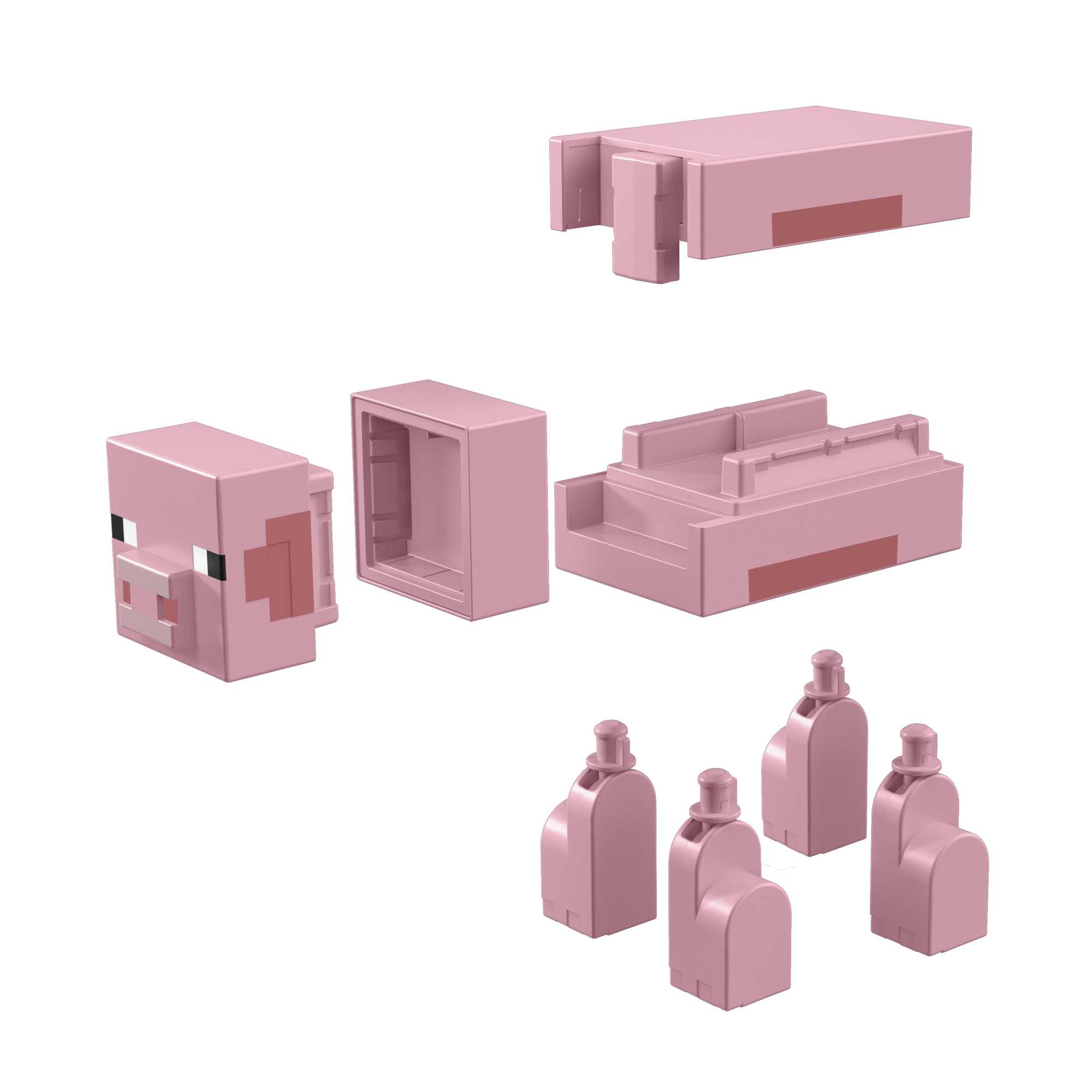 Rosa Minecraft-Schwein-Spielzeug in Teilen: Kopf, Körper, Teile und Flaschen. Weißer Hintergrund.