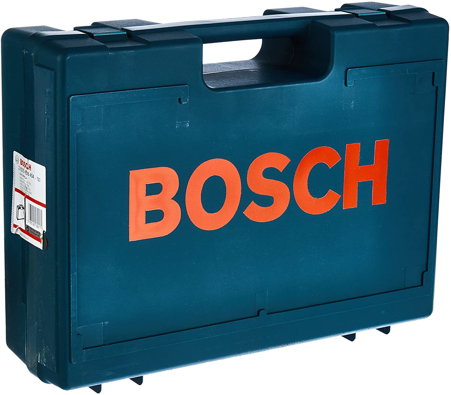 Türkisfarbener Bosch-Werkzeugkoffer aus Kunststoff mit orangefarbenem 'BOSCH'-Logo. Geschlossen, Vorderansicht.