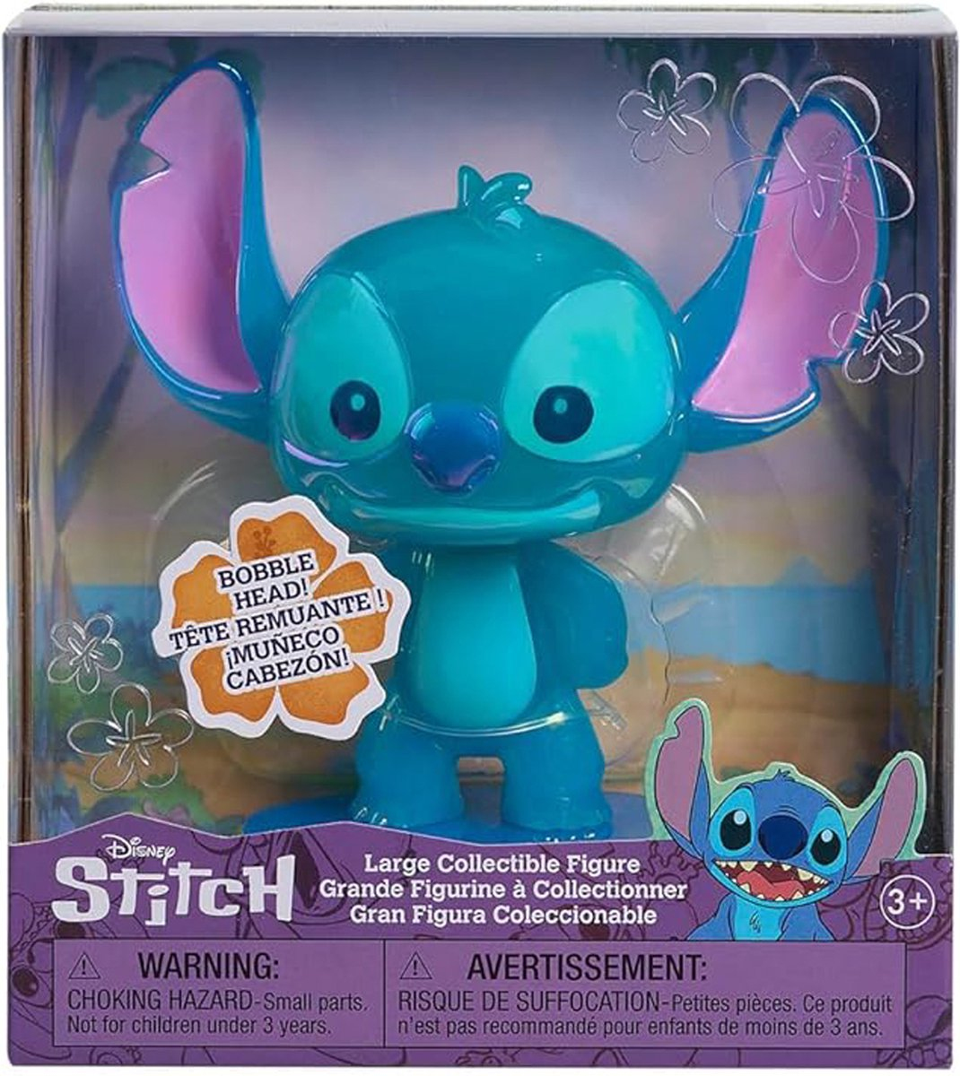Niebieska figurka Stitch w pudełku. Ma duże uszy. Pudełko ma logo Disney Stitch.