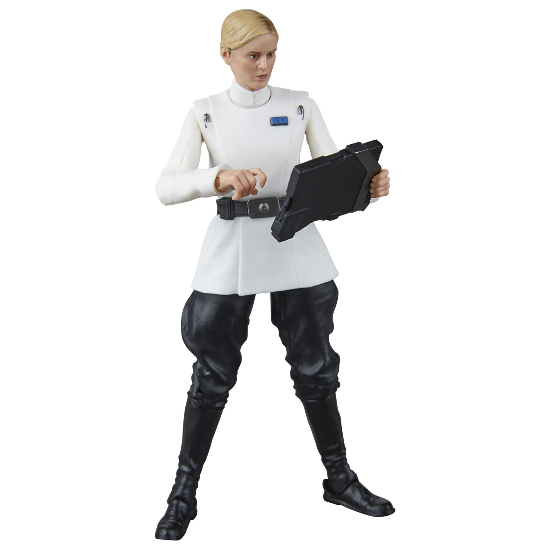 Una action figure femminile di Star Wars, che indossa un'uniforme bianca con pantaloni e stivali neri, che tiene in mano un tablet.