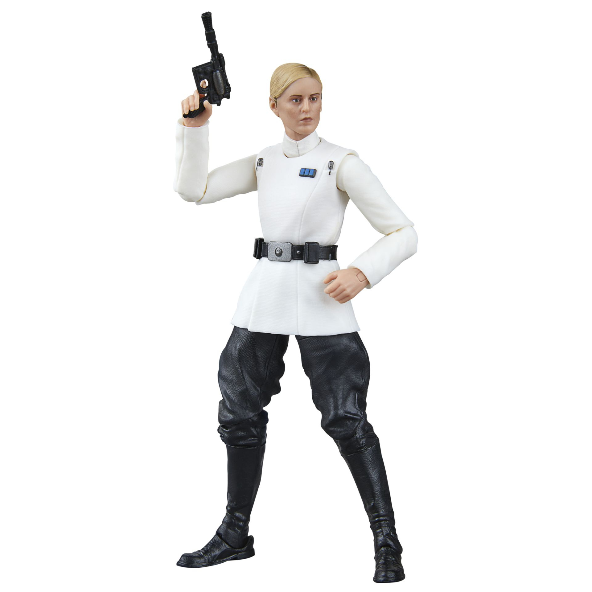 Donna in uniforme bianca con una pistola, indossa pantaloni e stivali neri. Sfondo bianco.
