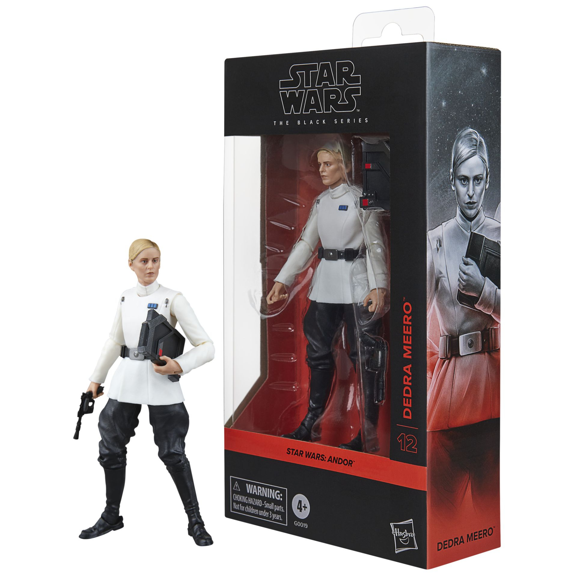 Figura di Star Wars, Dedra Meero, in una scatola. Figura in uniforme bianca. Sfondo bianco.