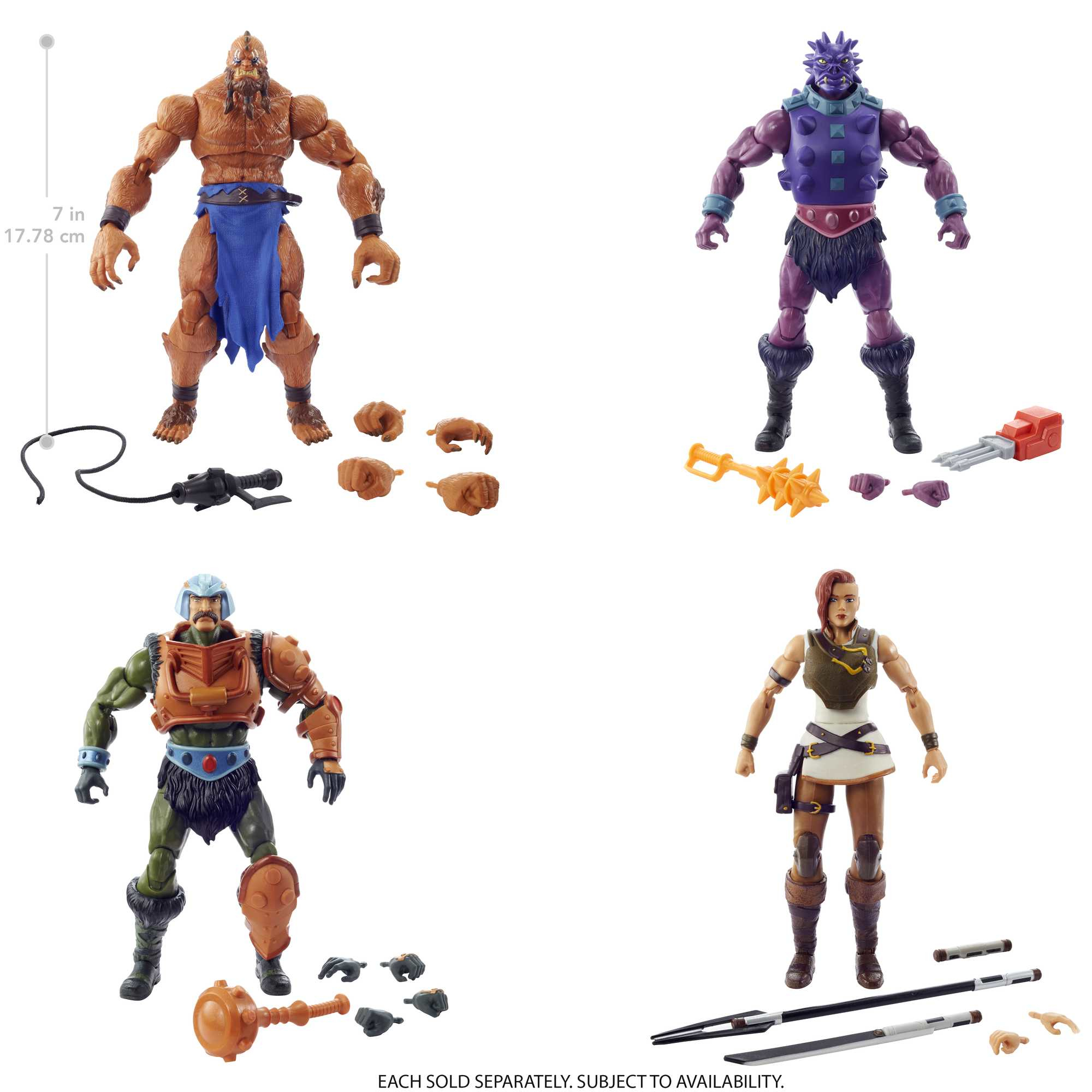 Cuatro figuras de juguete de personajes de He-Man con accesorios sobre fondo blanco.