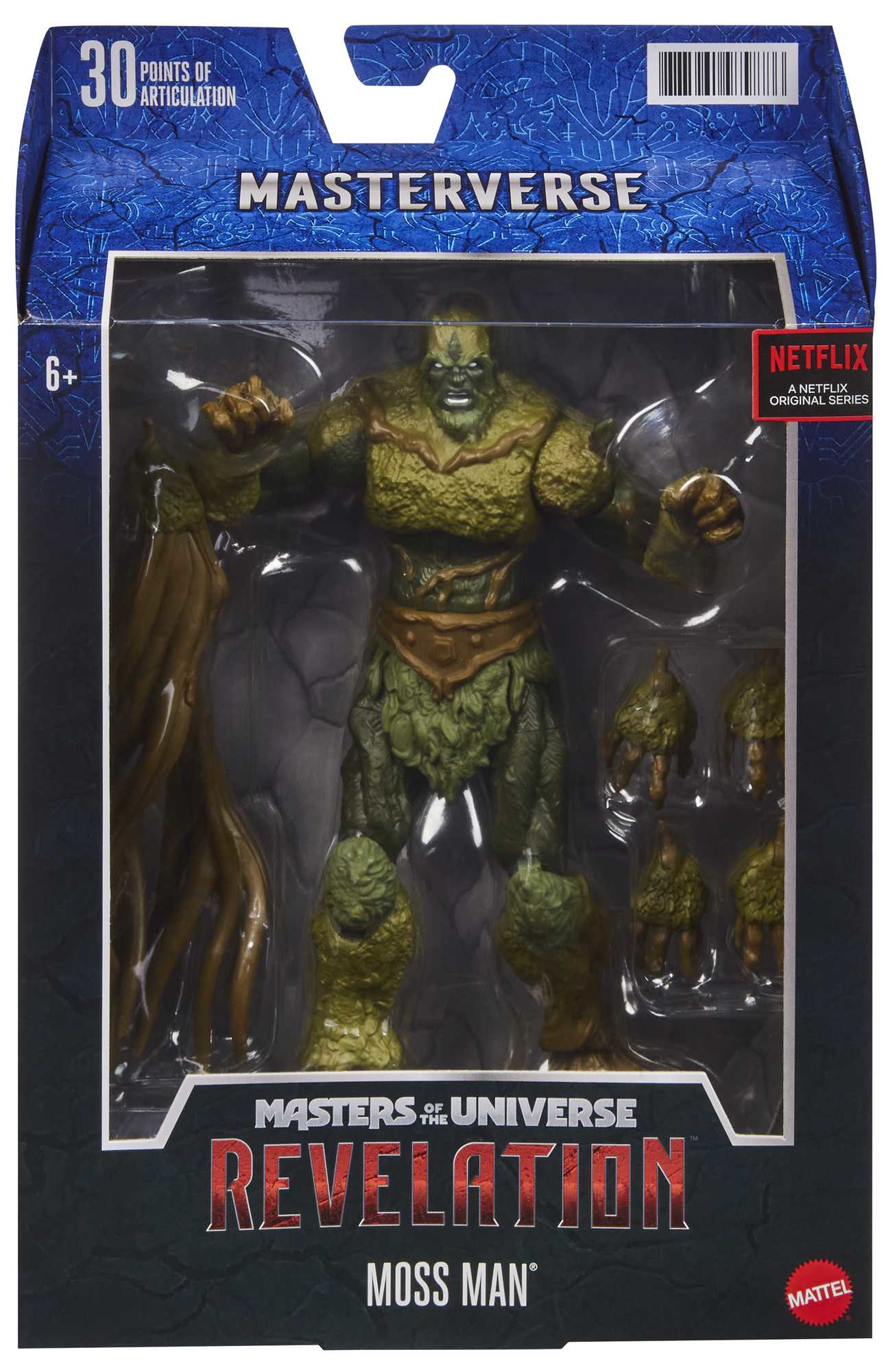 Figura de acción de Moss Man de Masters of the Universe. Figura en caja, verde y marrón. Logotipo de la serie Netflix.