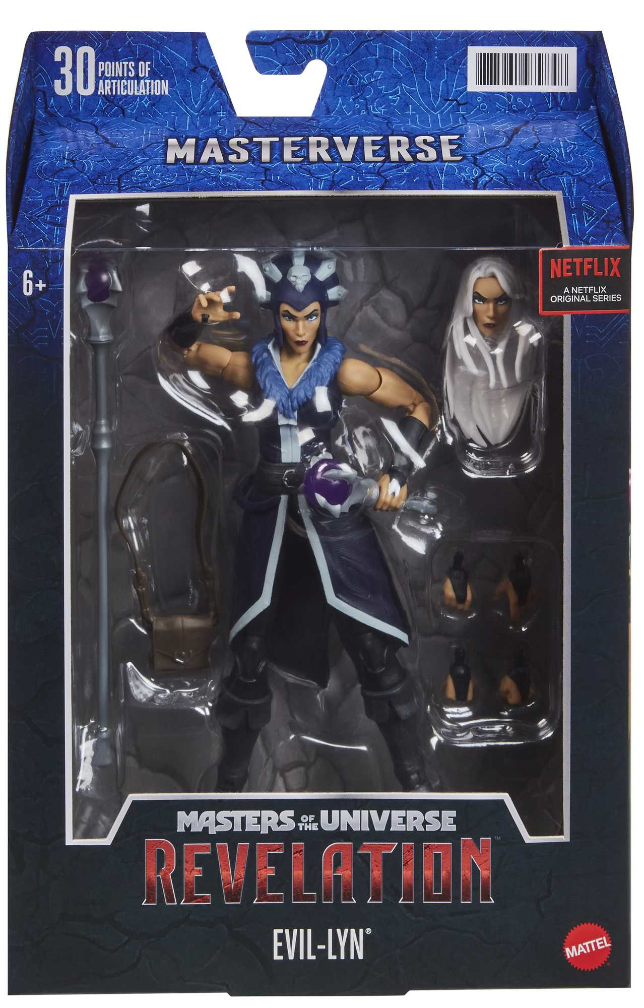 Figura de acción en caja, 'Masters of the Universe: Revelation', con un personaje femenino vestido de morado.