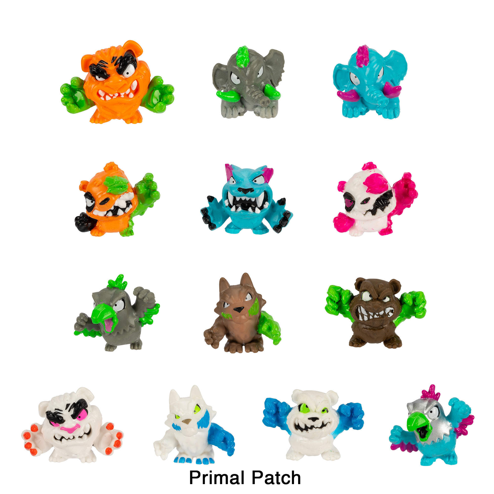 Zwölf Primal Patch-Figuren in verschiedenen Farben und Formen. Sie sind Monster.