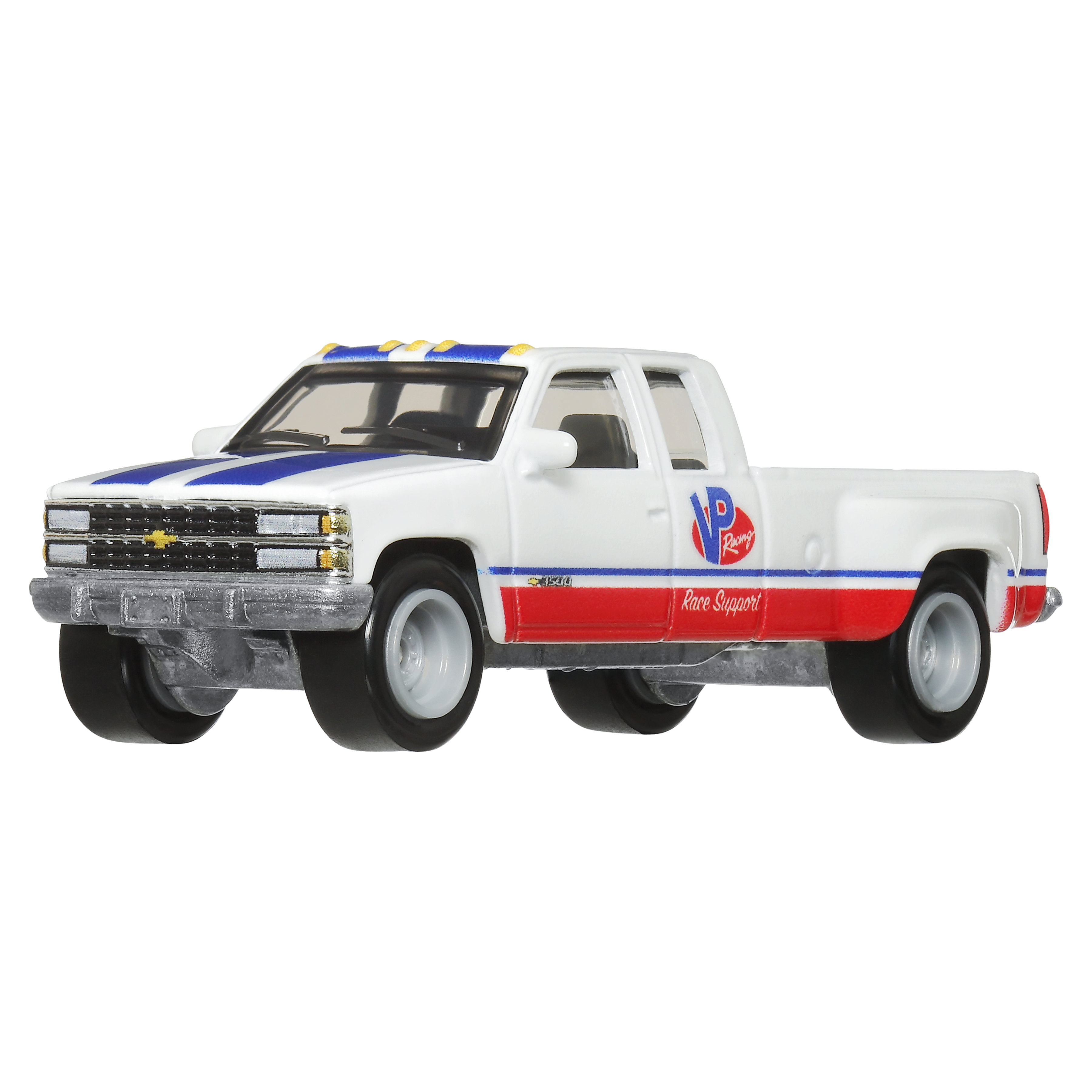 Ein weißer, roter und blauer Spielzeug-LKW mit 'VP Racing', ein Chevrolet-Modell, auf weißer Oberfläche.
