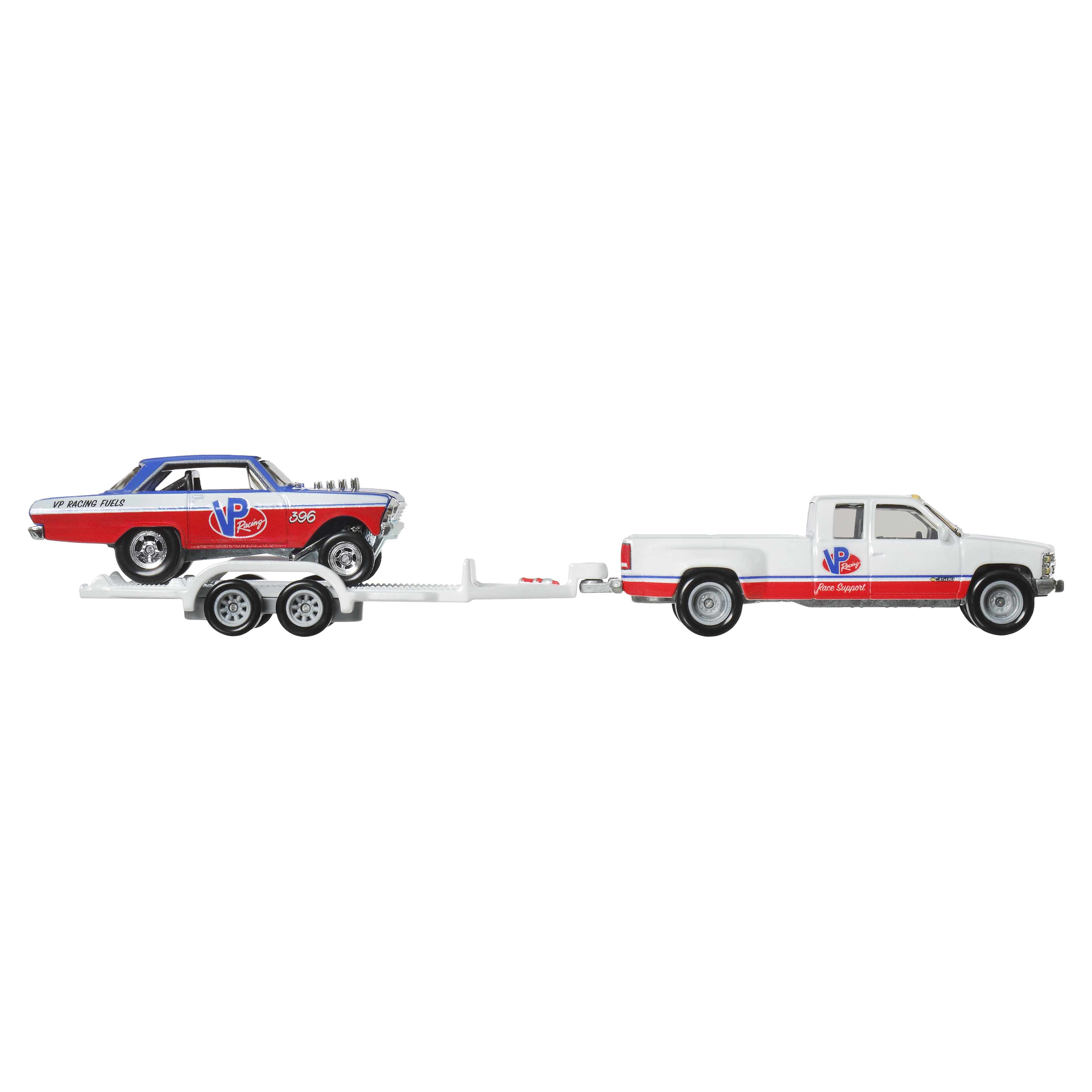 Ein weißer Pickup-Truck zieht einen Anhänger mit einem Rennwagen. Text: VP Racing Fuels.