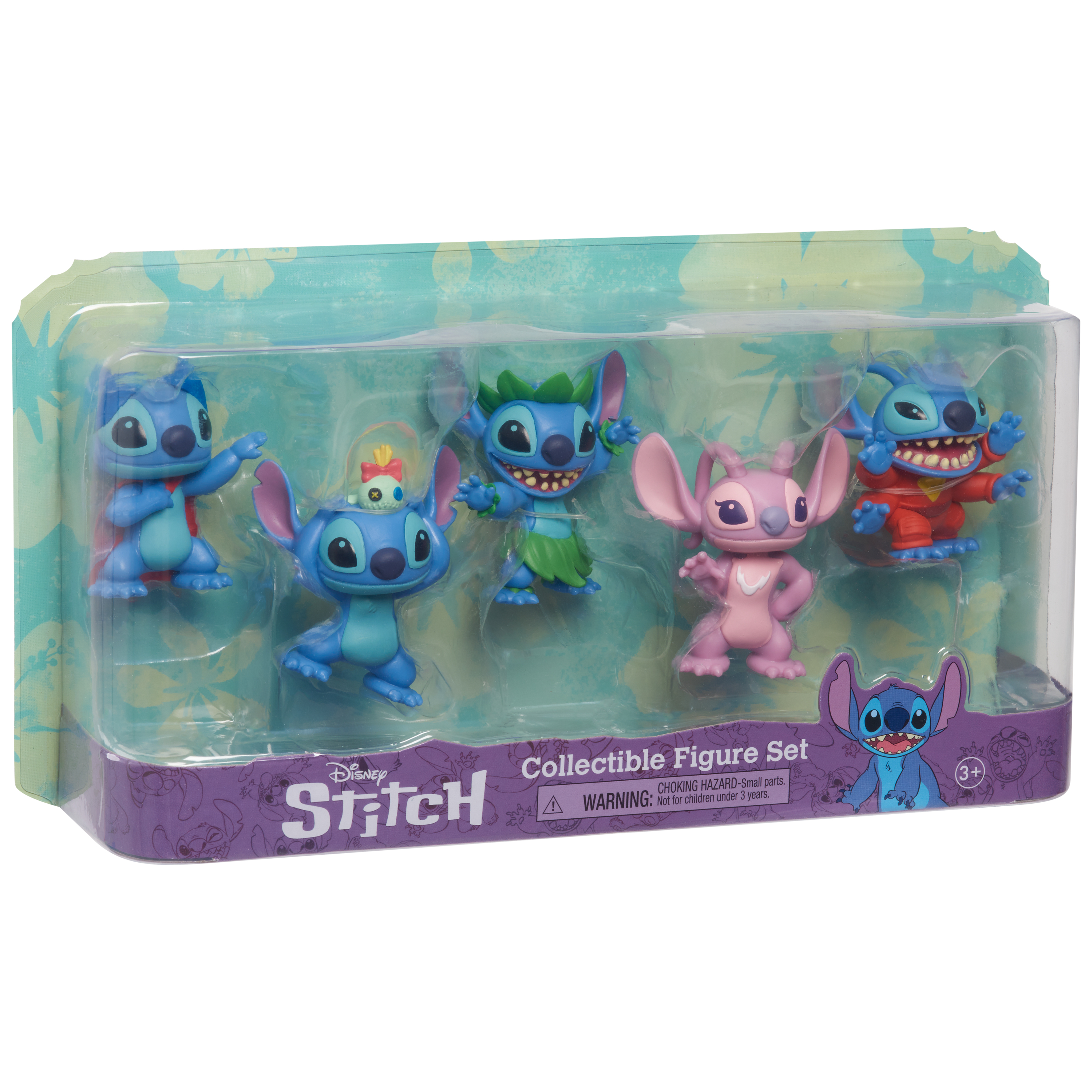 Un conjunto de figuras de Stitch en un paquete de plástico transparente. Seis figuras en varias poses y atuendos.