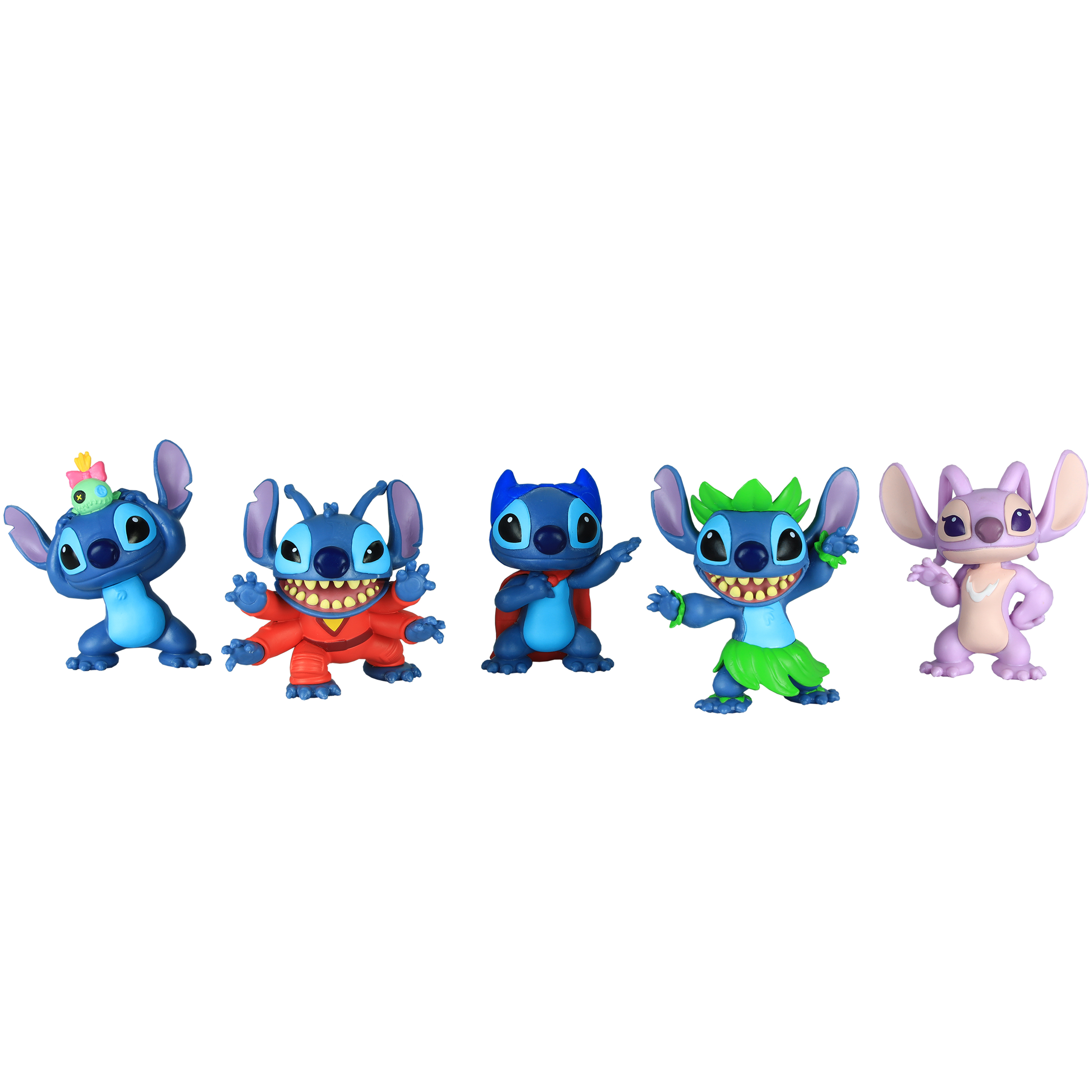 Cinco figuras de Stitch con varios trajes. Están de pie y sonriendo. Diferentes colores.