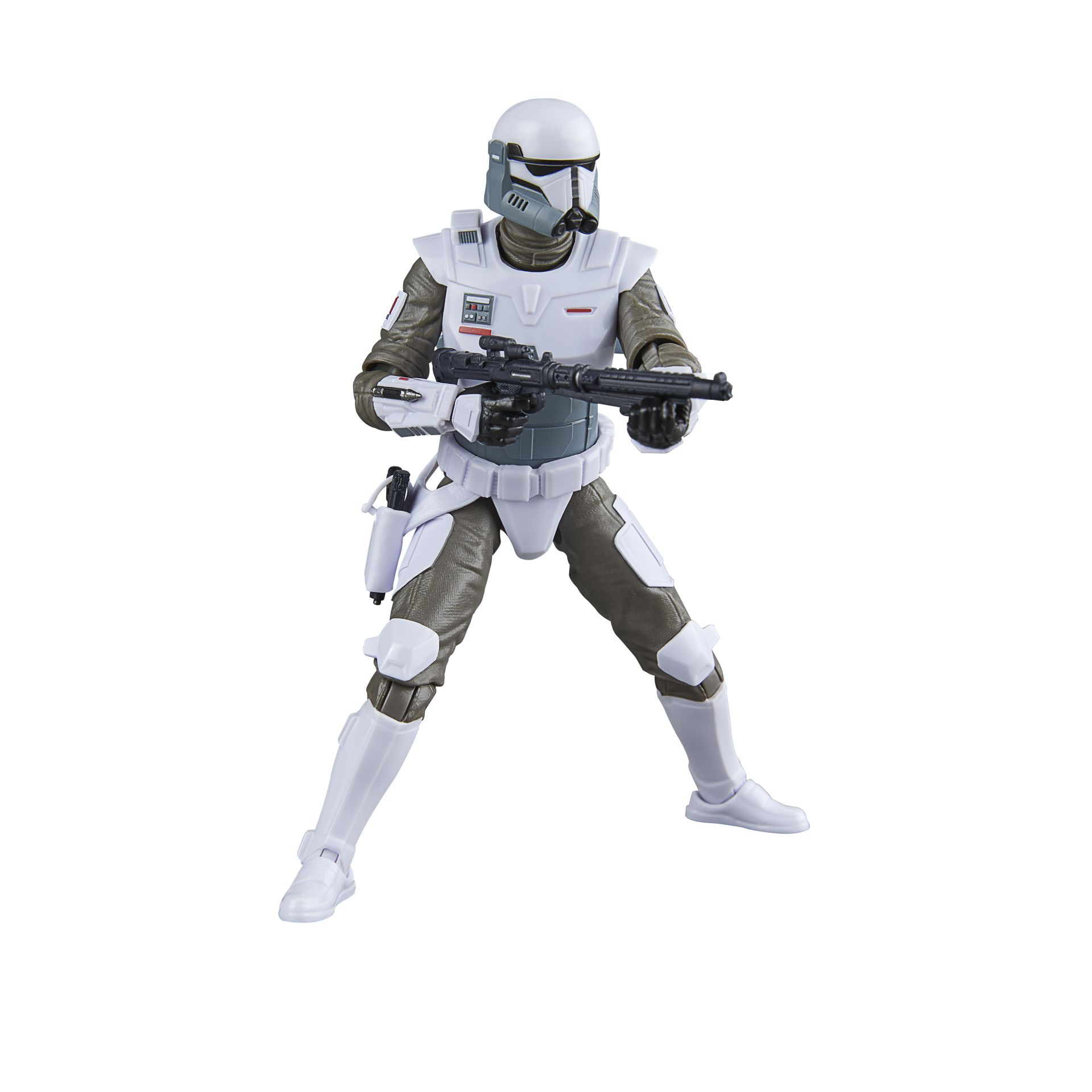 A Star Wars figure in white armor, holding a black rifle. The figure is standing, ready for action.