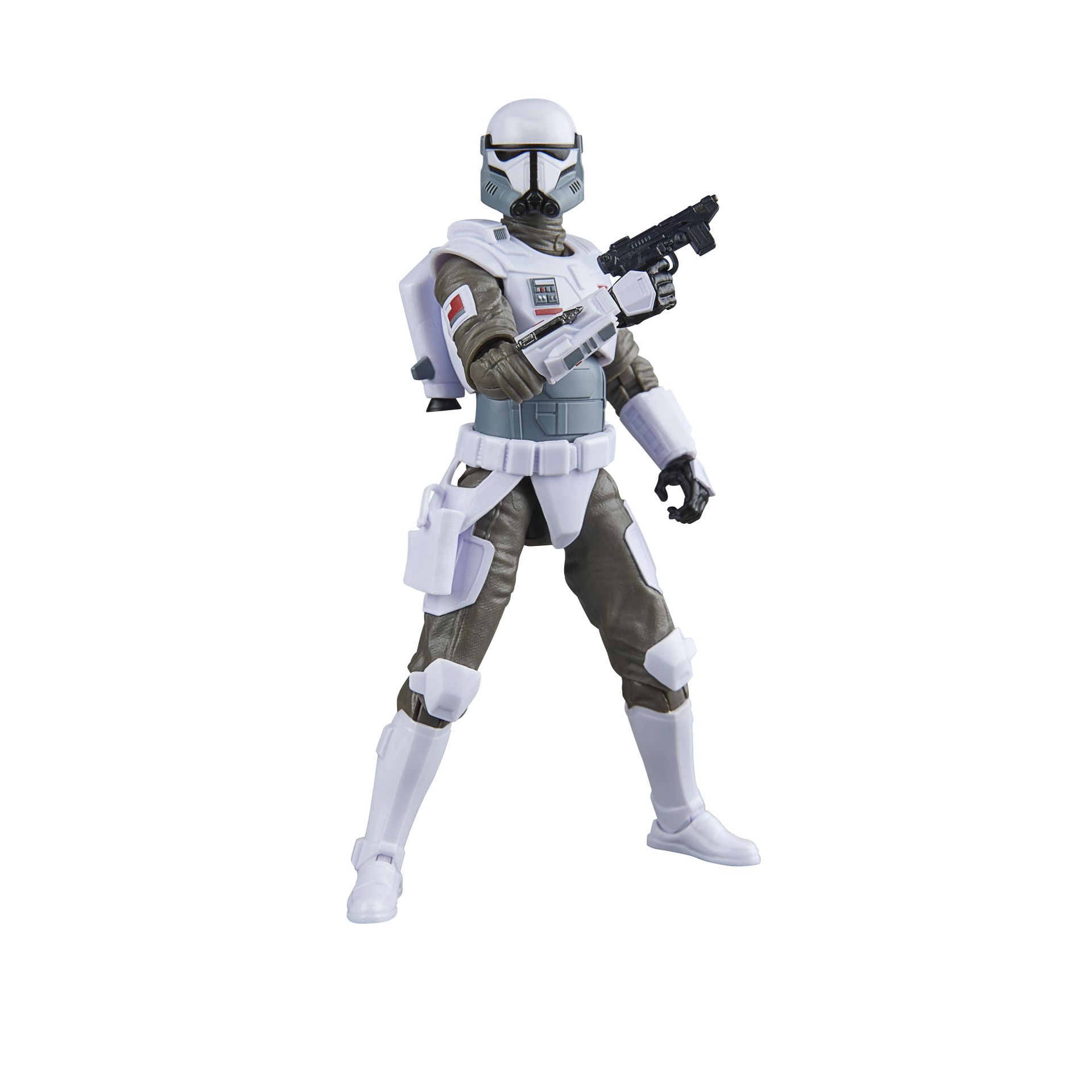 Star Wars figure in white armor, holding a pistol. The figure is ready for action.