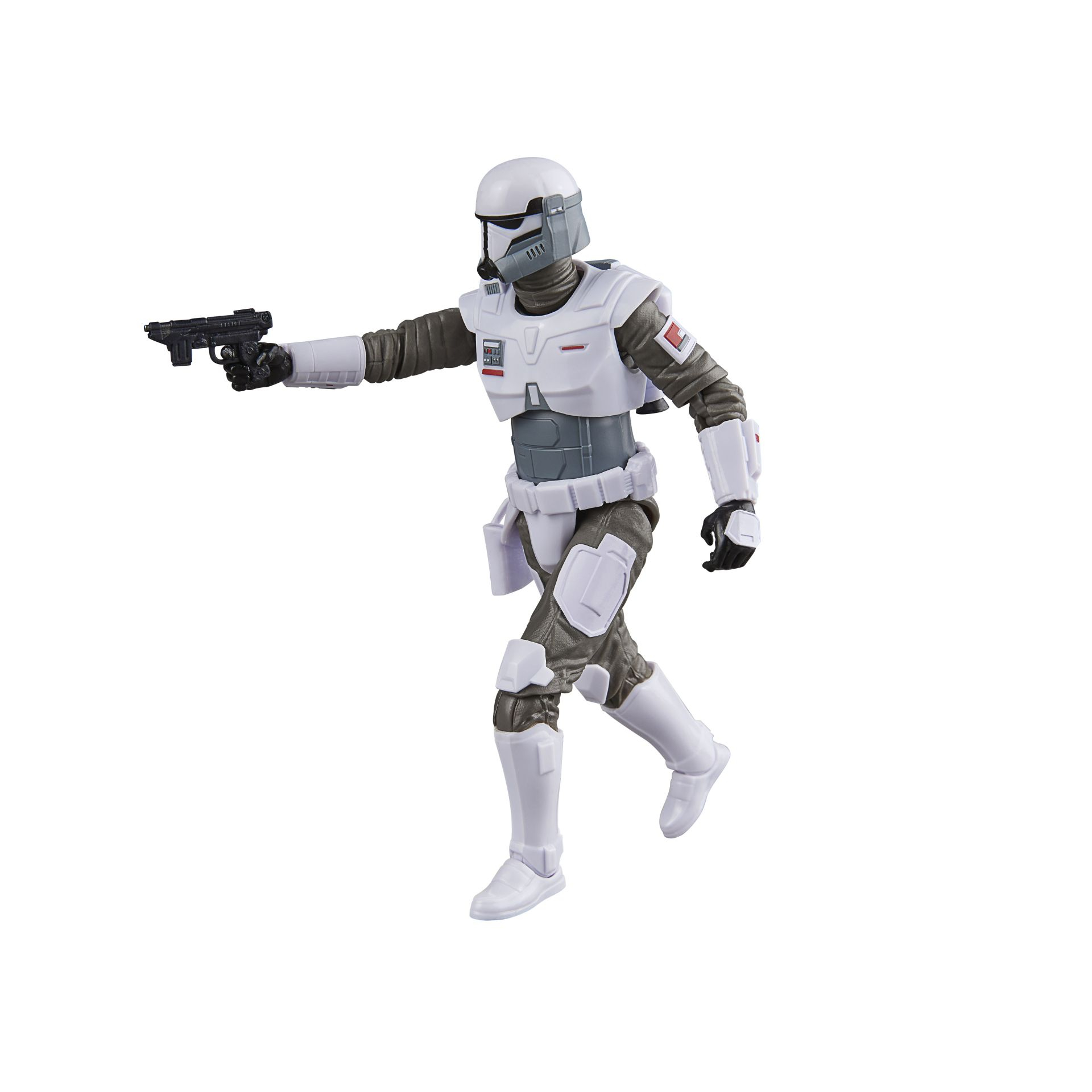 Star Wars figure in white armor, holding a pistol and ready for action. Gray and white.