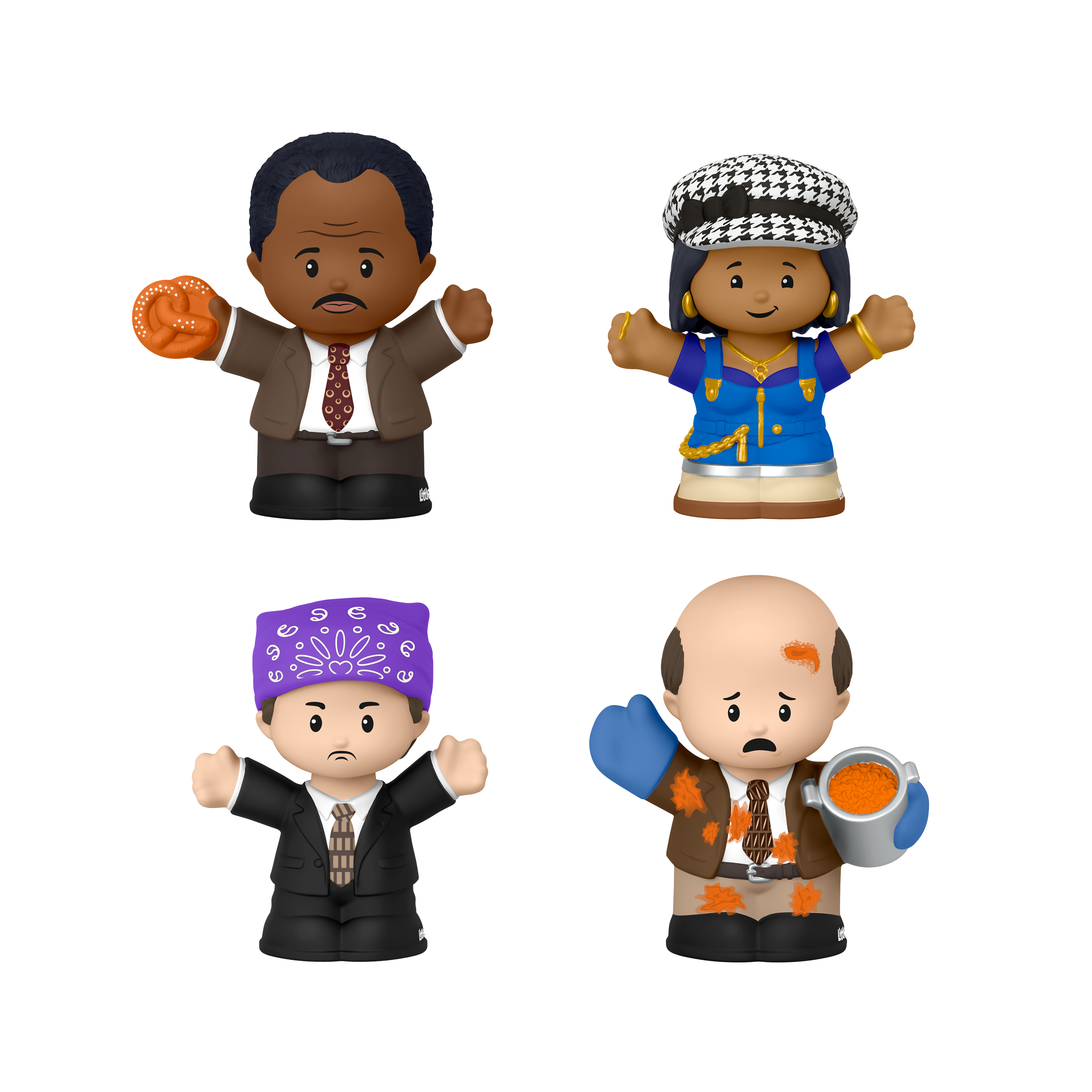 Cztery figurki Little People, reprezentujące różne postacie, na białym tle.