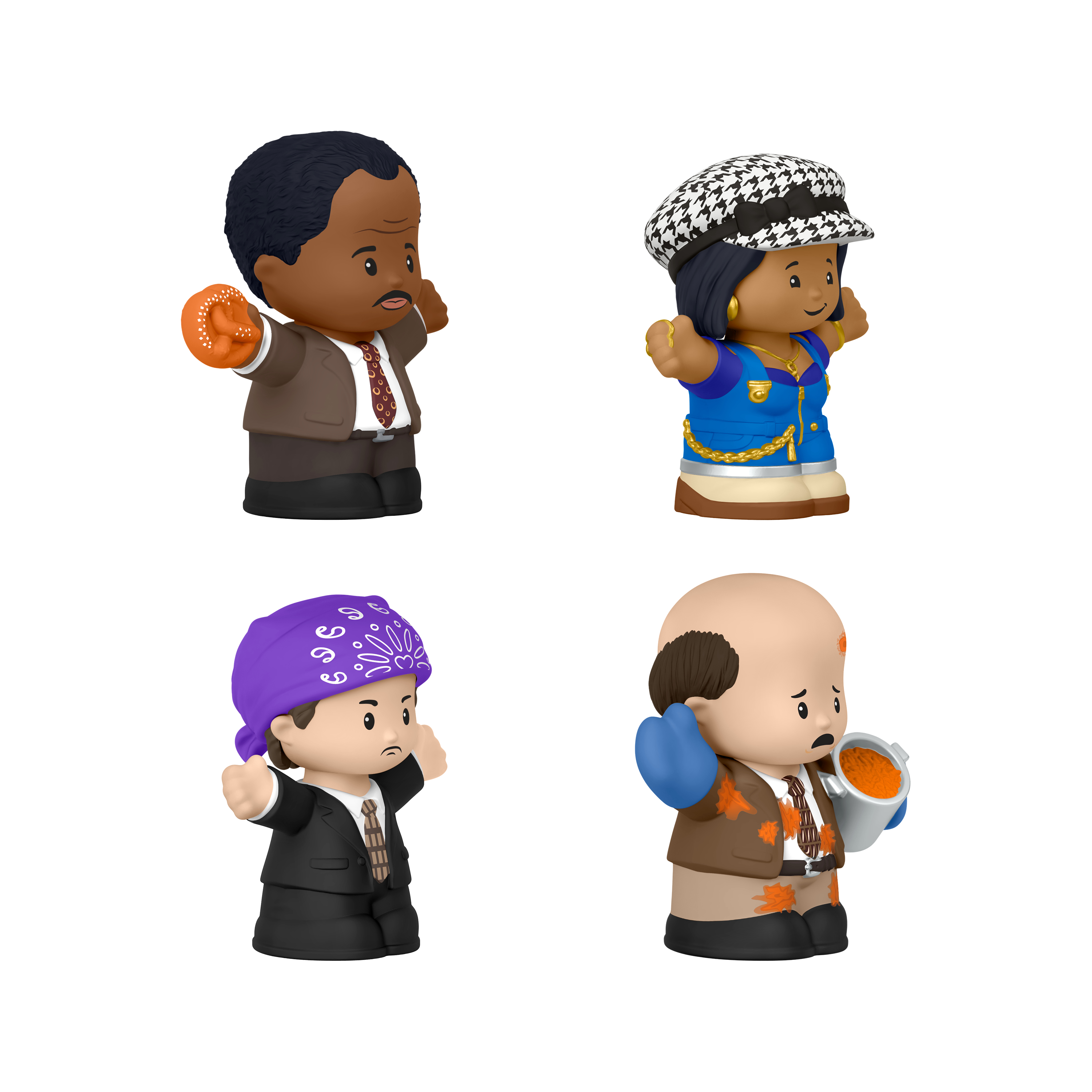 Cztery figurki Little People różnych postaci z serialu The Office, na białej powierzchni.
