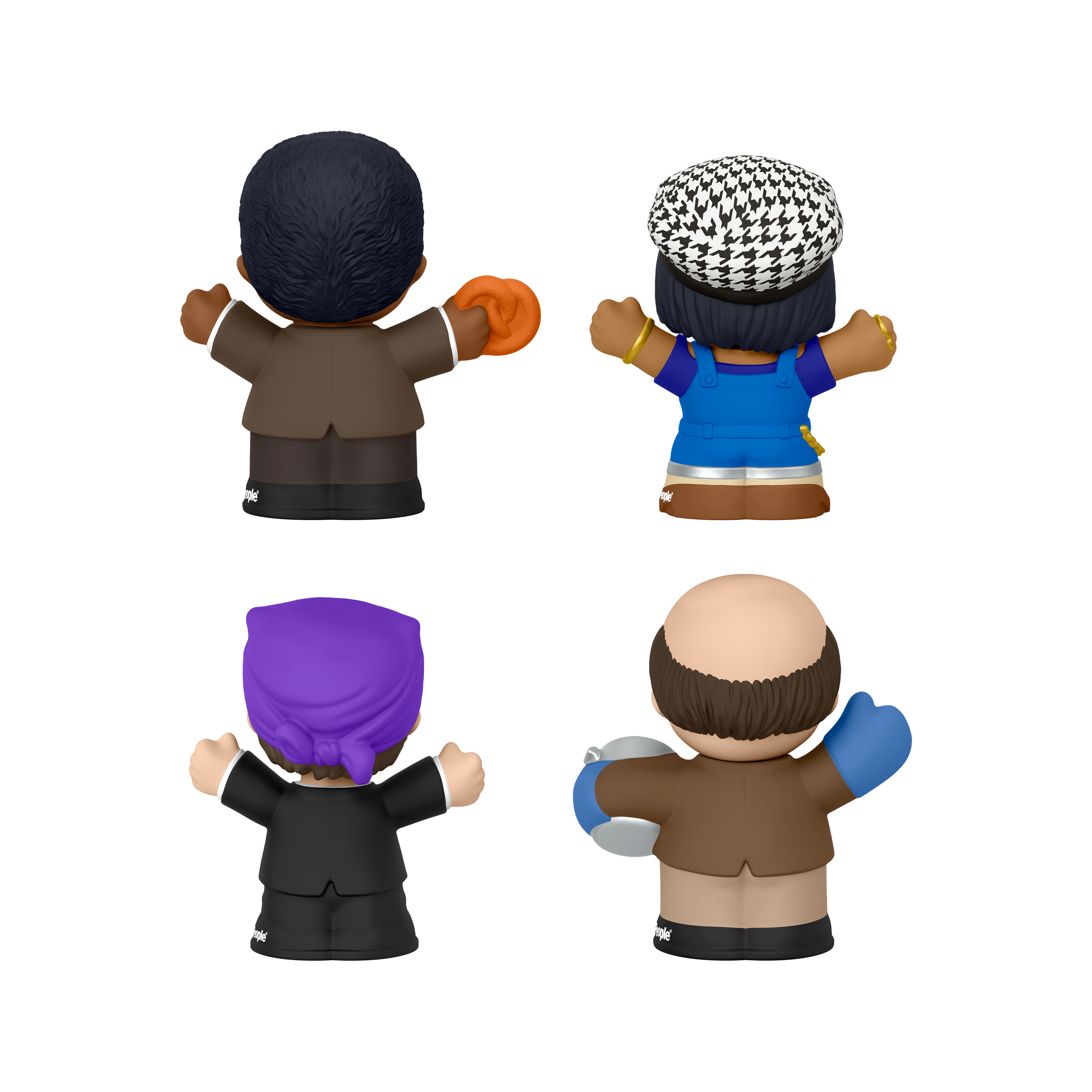 Figurki Little People z serialu The Office, widziane od tyłu, na białym tle.