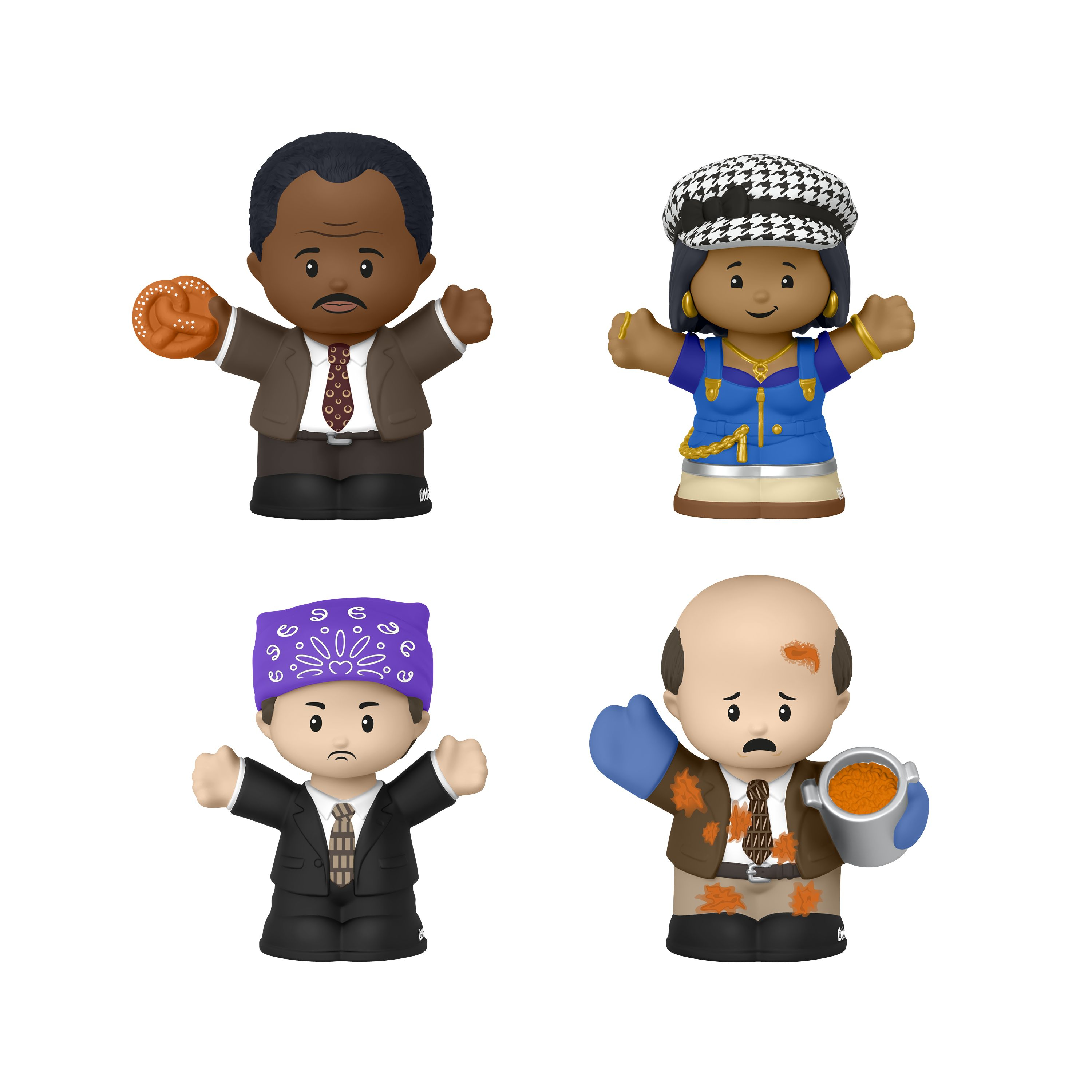 Cztery figurki Little People. Mężczyzna z preclem, kobieta z chustą i dwóch kolejnych.