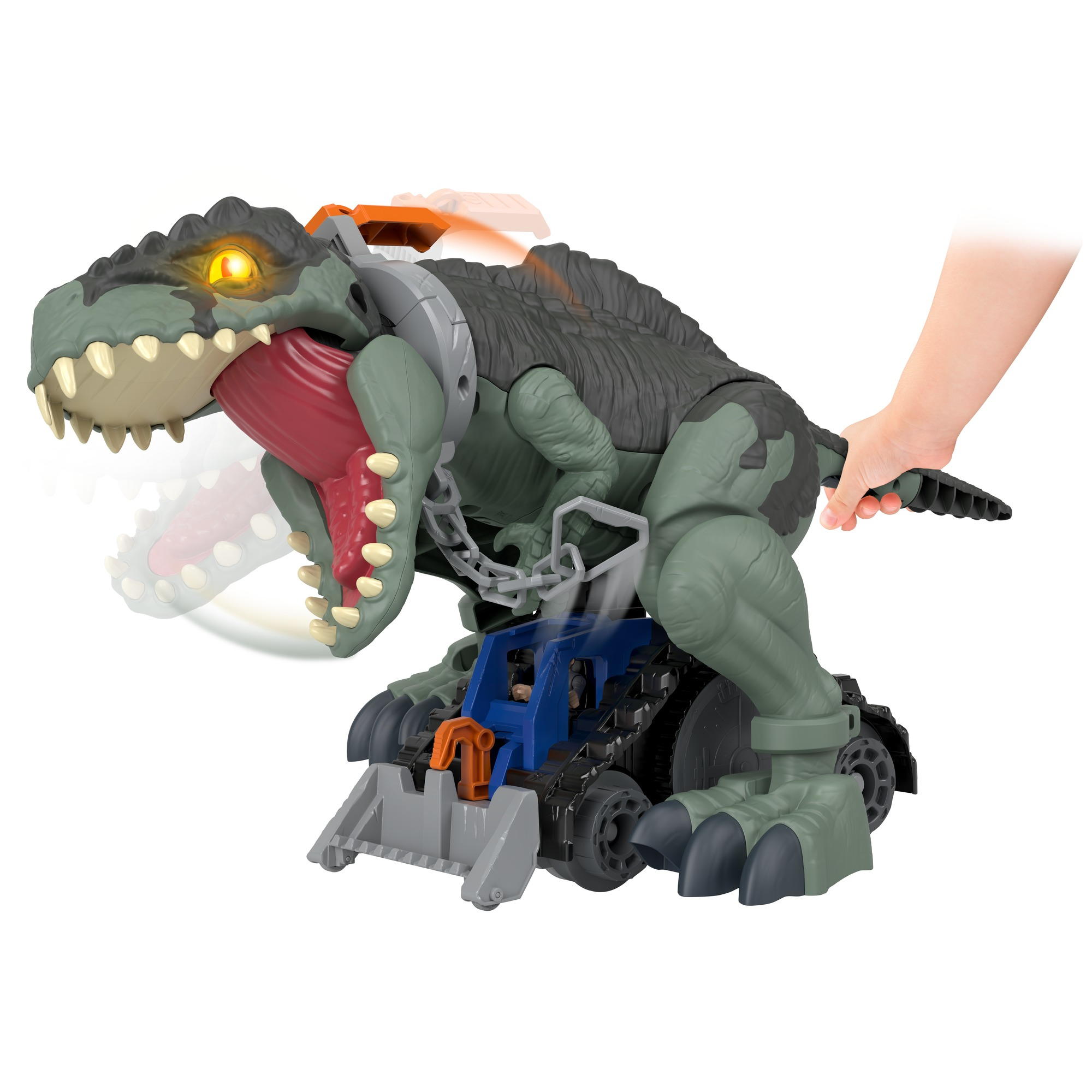 Bir el tarafından kontrol edilen, buldozer takılı bir oyuncak T-Rex.