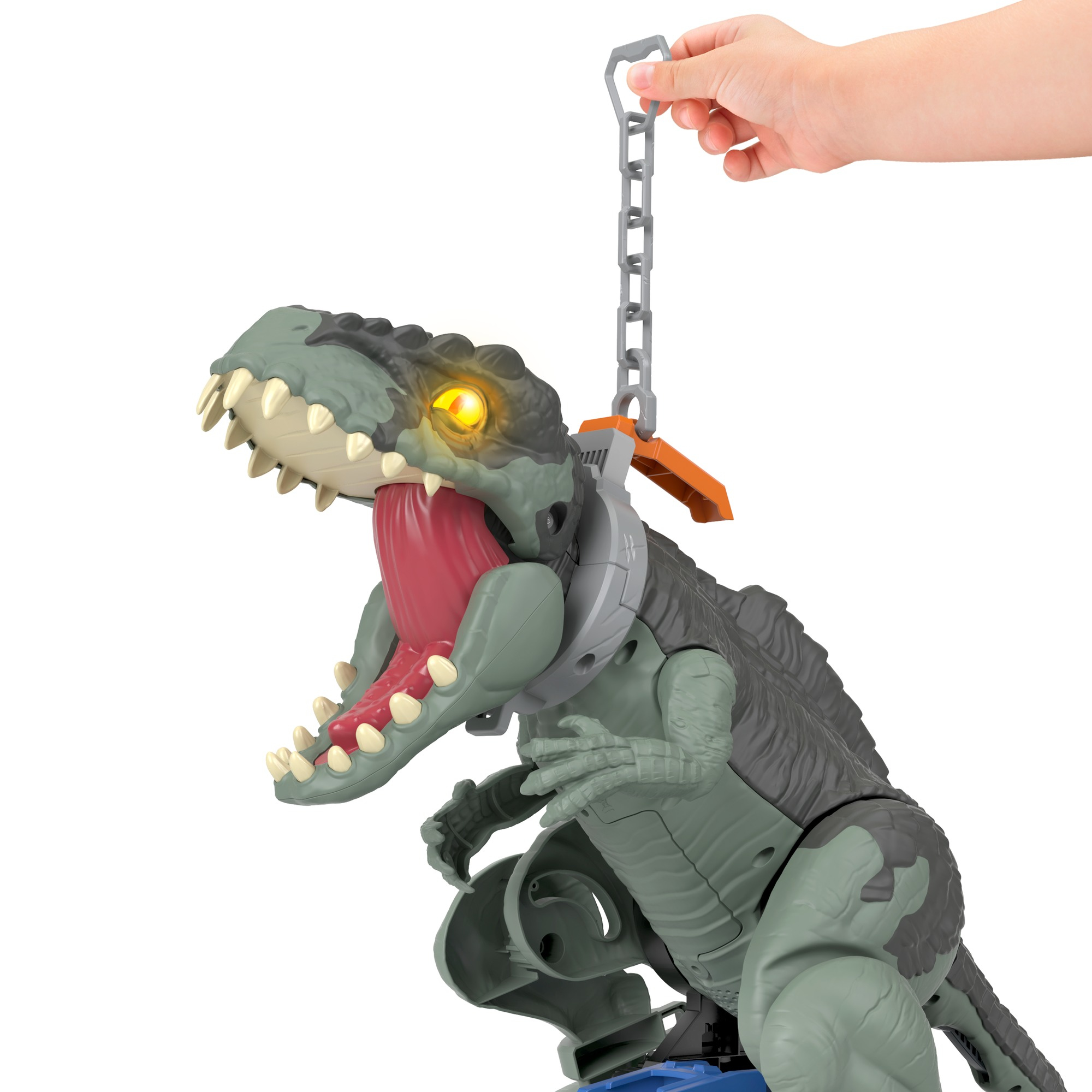 Boynunda zincir olan, ağzını kırmızı diliyle açan bir dinozor oyuncağı.