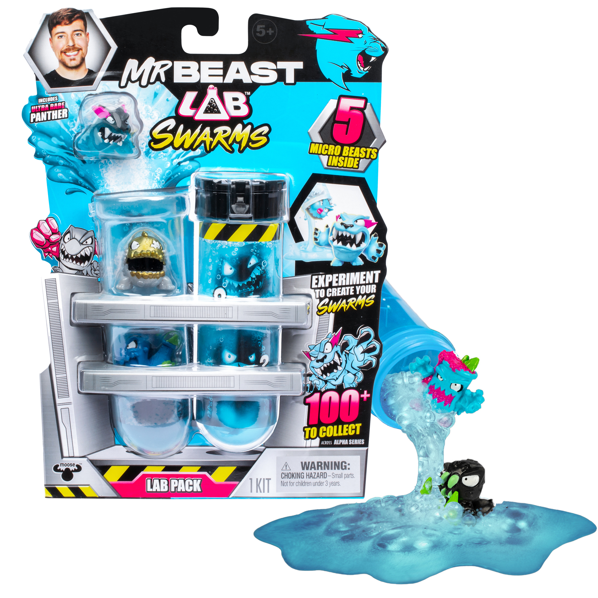Mr. Beast Spielzeugset. Die Packung zeigt mehrere Behälter und einen Schleimeffekt mit Spielfiguren.