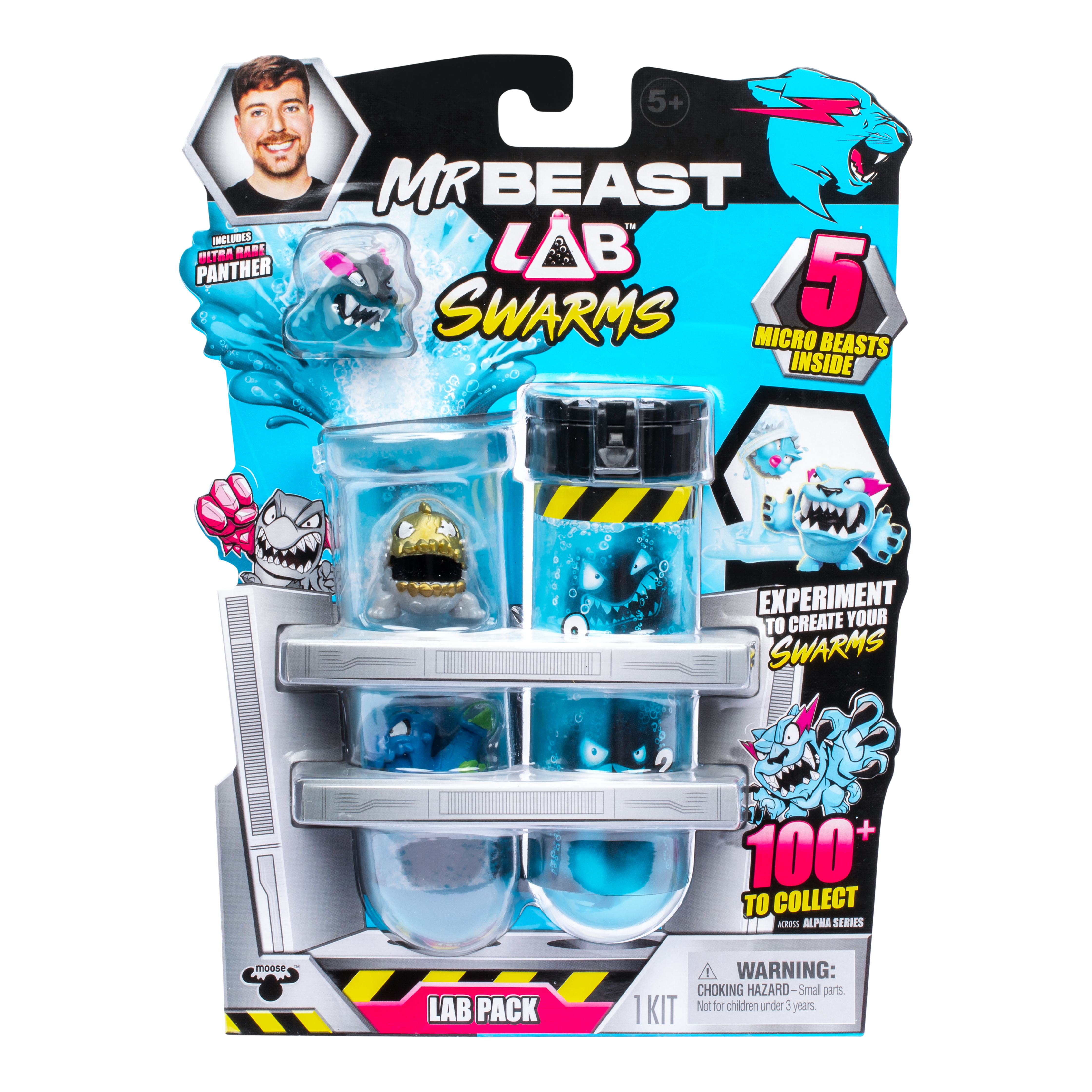 MrBeast Lab Swarms Spielzeugverpackung mit verschiedenen Kreaturen und dem MrBeast-Logo.