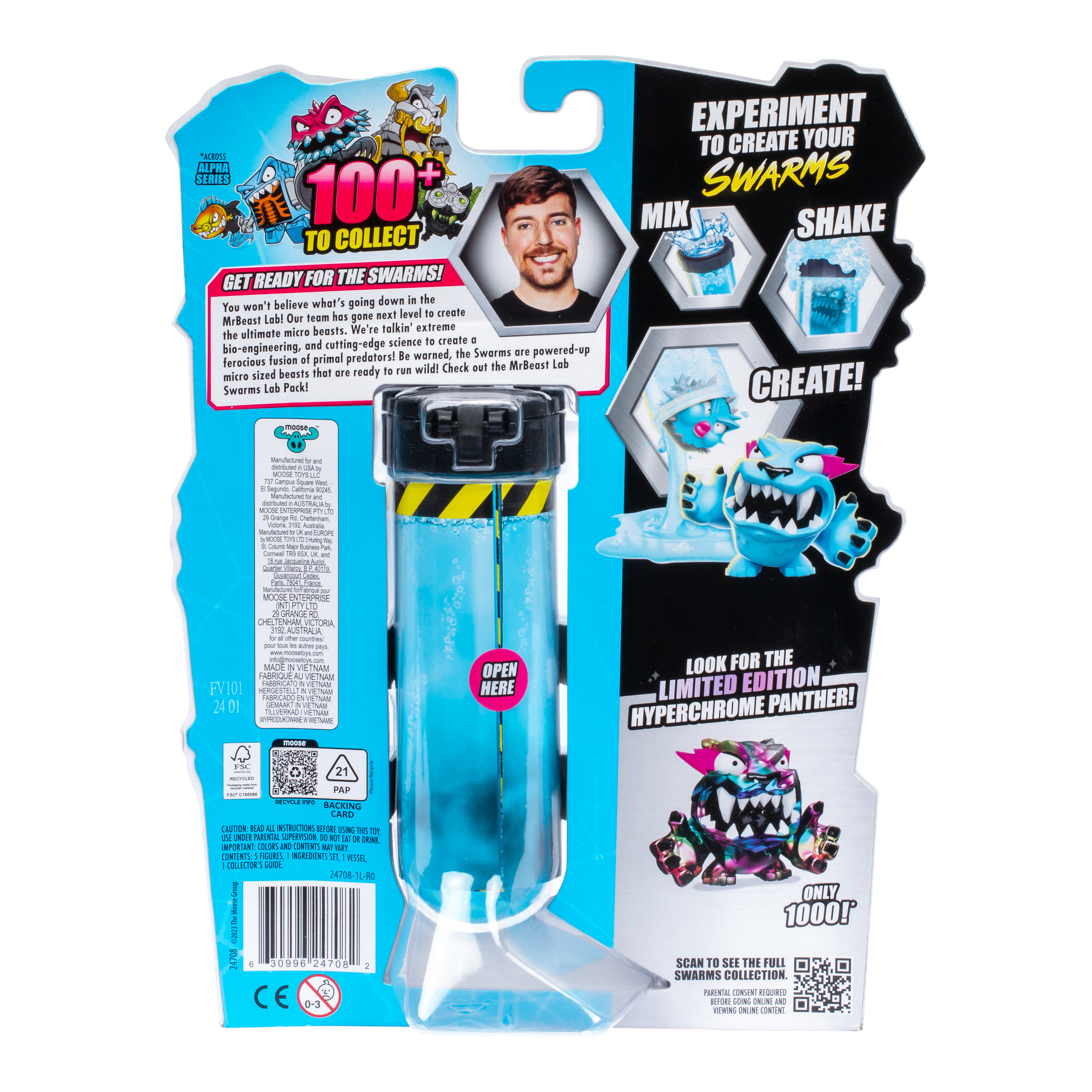 Rückseite einer Spielzeugverpackung. Sie enthält Mr. Beast, Bilder von Spielzeugkreaturen und Text.