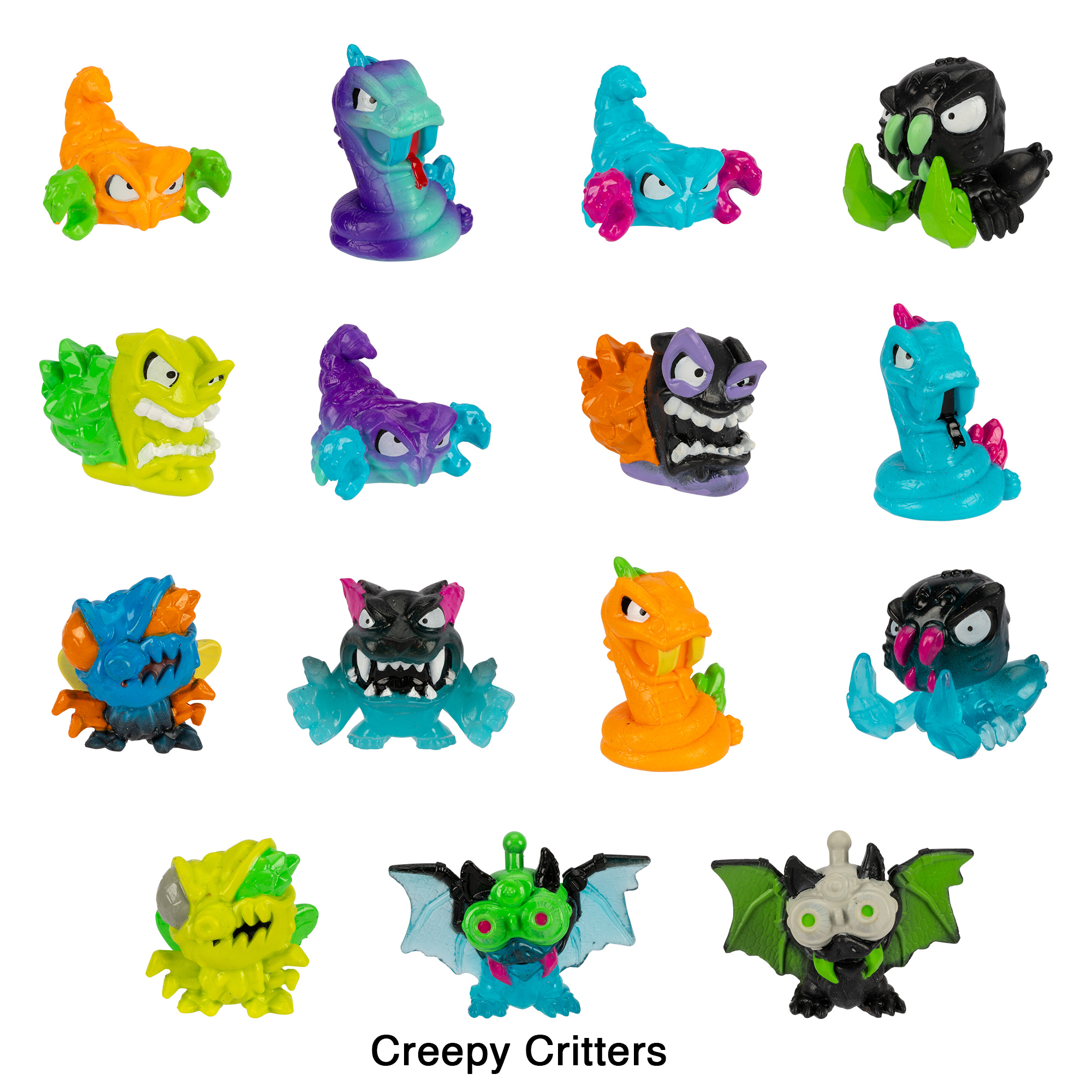 Creepy Critters Spielzeugsammlung: Verschiedene Monsterfiguren in leuchtenden Farben, vor weißem Hintergrund.