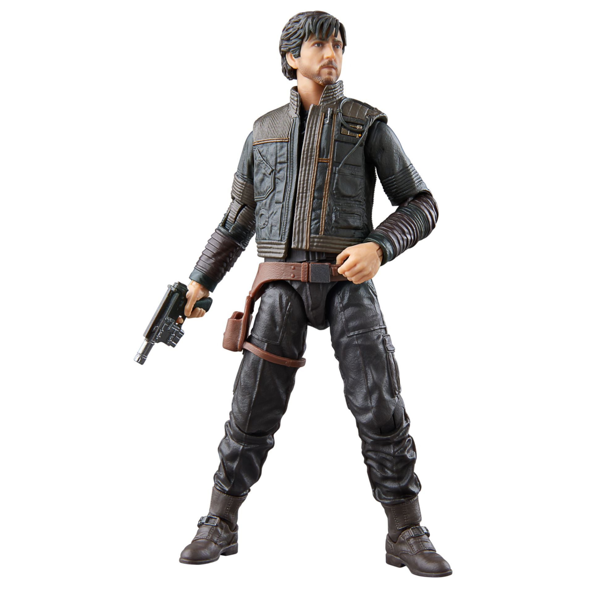 Eine Star Wars Actionfigur eines Mannes mit einer Waffe, in dunkler Jacke und Hose.