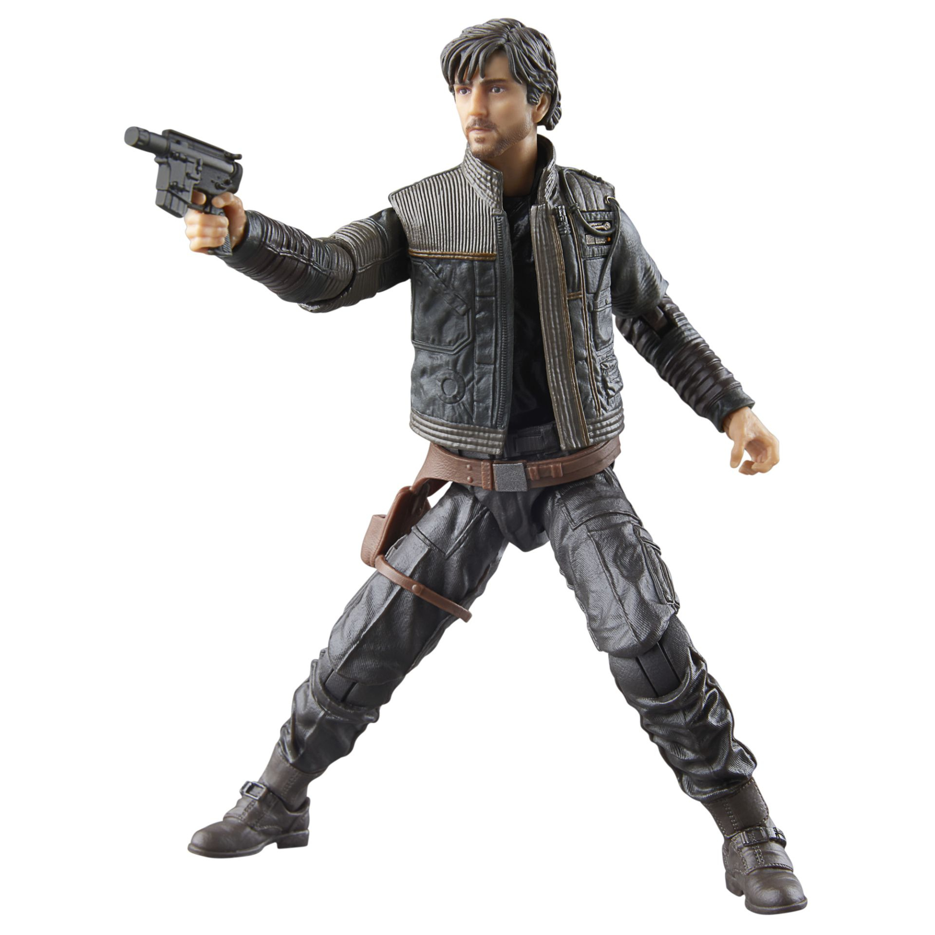 Eine Star Wars Actionfigur eines Mannes, der eine Waffe zielt, in dunkler Jacke und Hose.