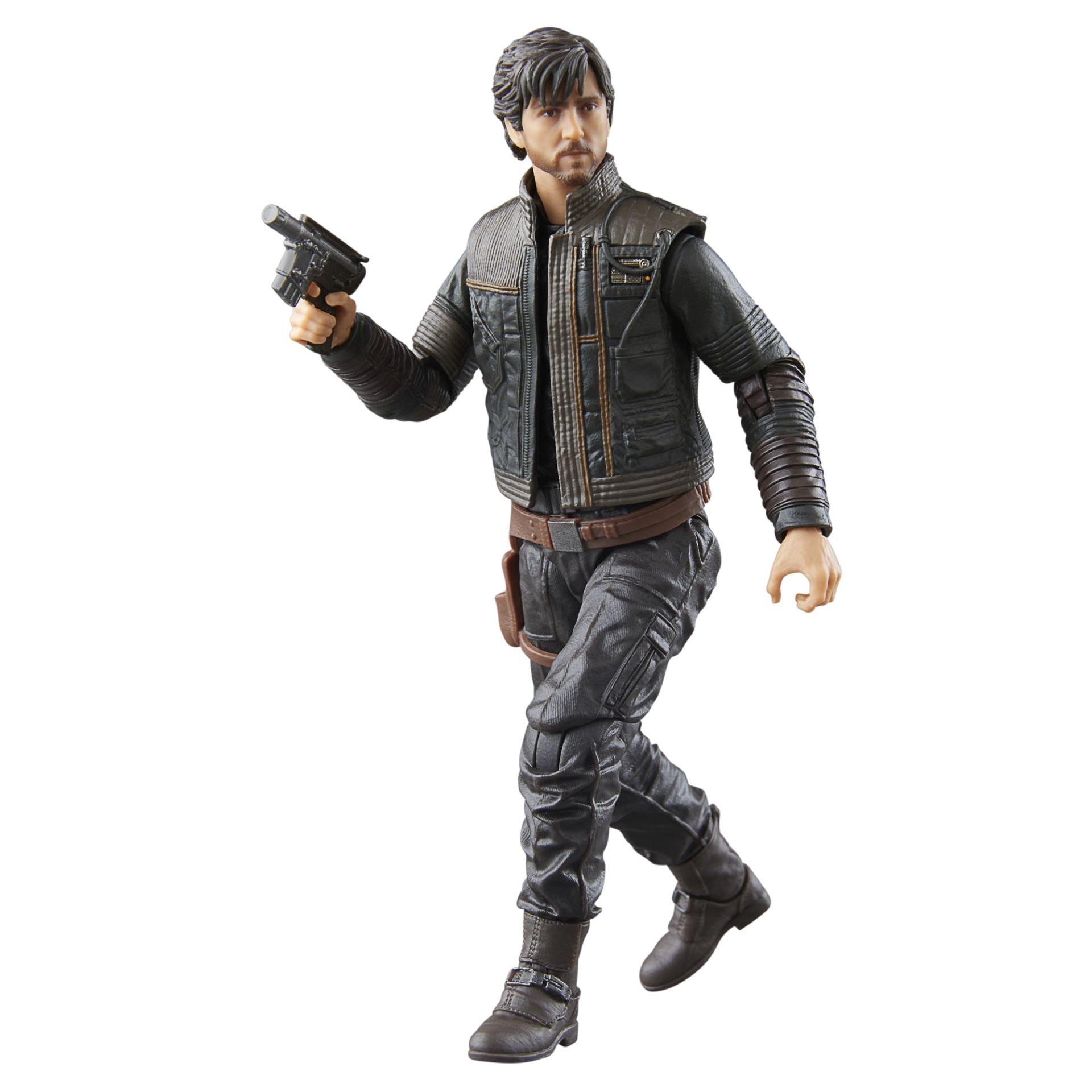 Eine Star Wars Figur eines Mannes in schwarzer Jacke, der eine Waffe hält, auf weißem Hintergrund.