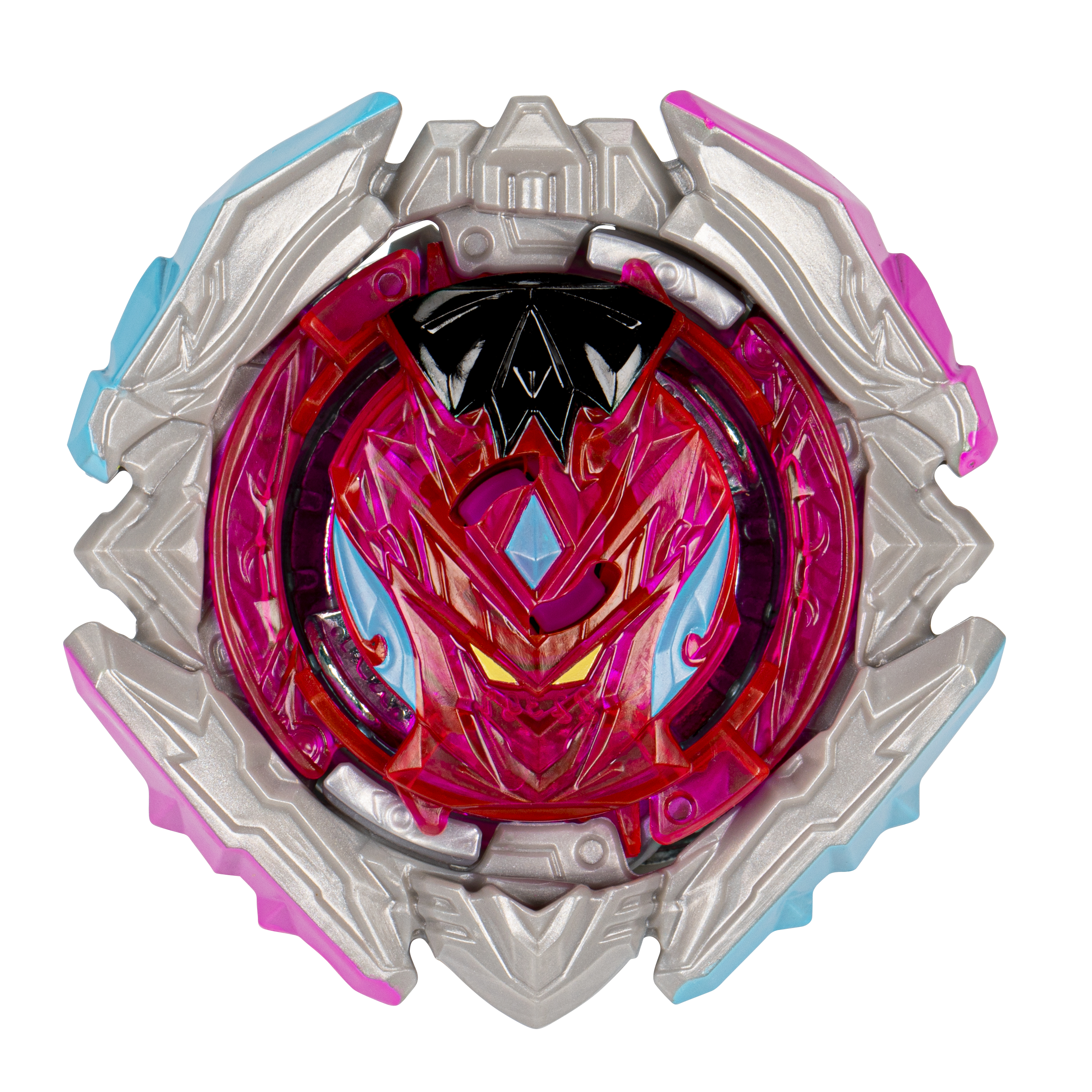 Primer plano de un juguete Beyblade rojo, negro y plateado. La parte superior tiene forma circular.