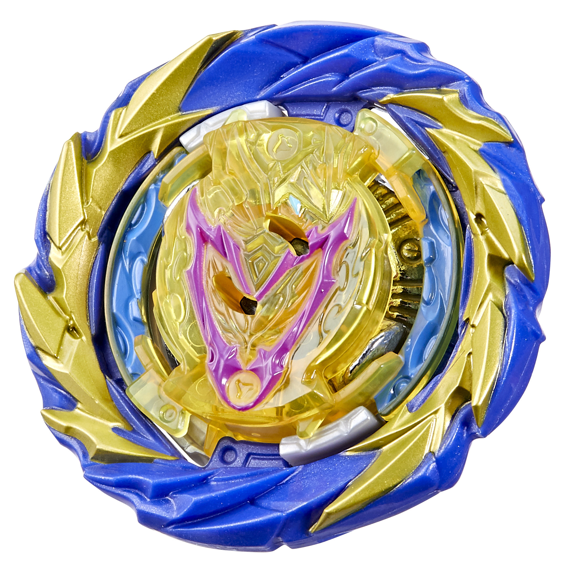 Un juguete Beyblade amarillo, azul y dorado con un diseño de múltiples capas. Está aislado sobre un fondo blanco.