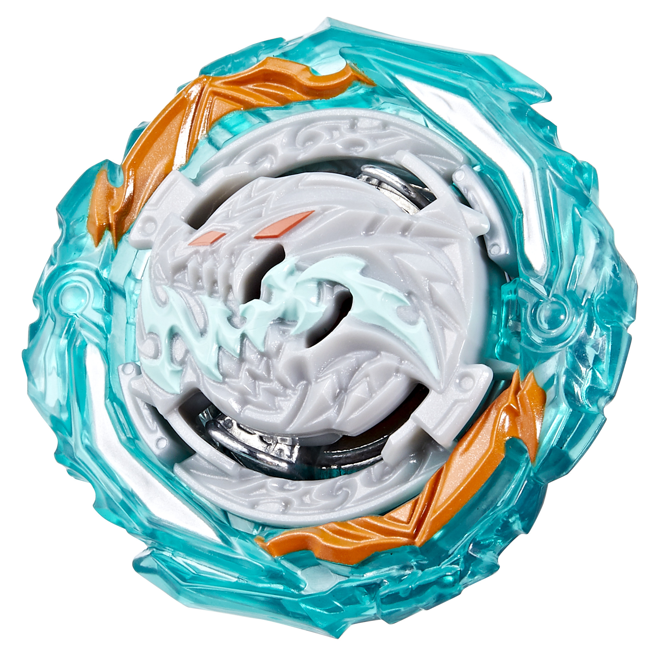 Un juguete Beyblade con un diseño blanco y azul.