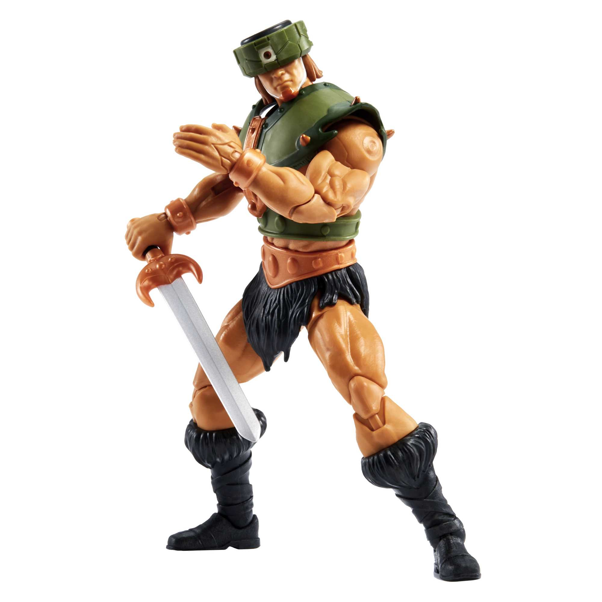 Action figure di He-Man con una spada, indossa un'armatura e stivali di pelliccia, sfondo bianco.