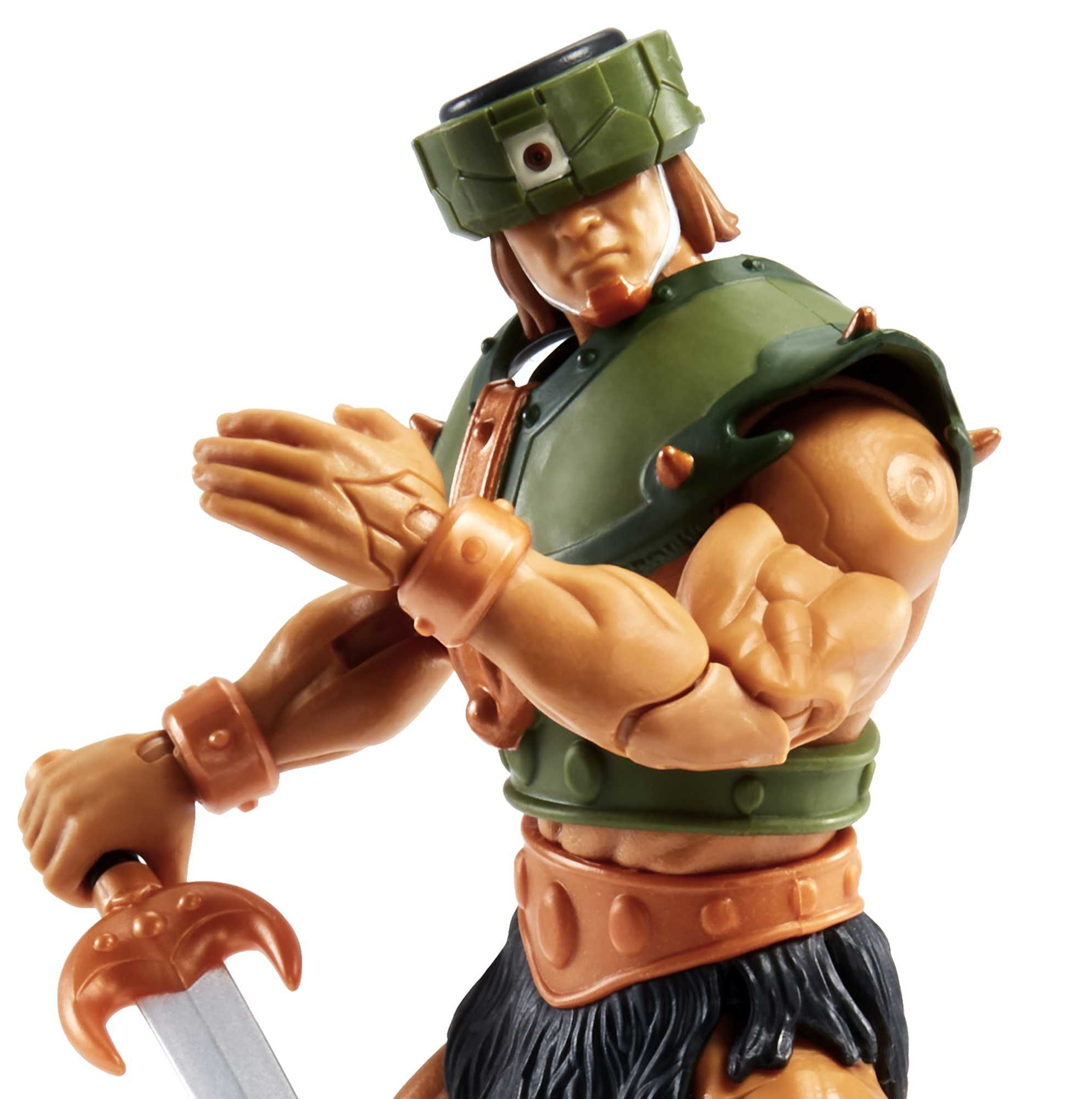 Action figure di He-Man. Elmo verde, armatura e spada. Pelle beige. Sfondo bianco.