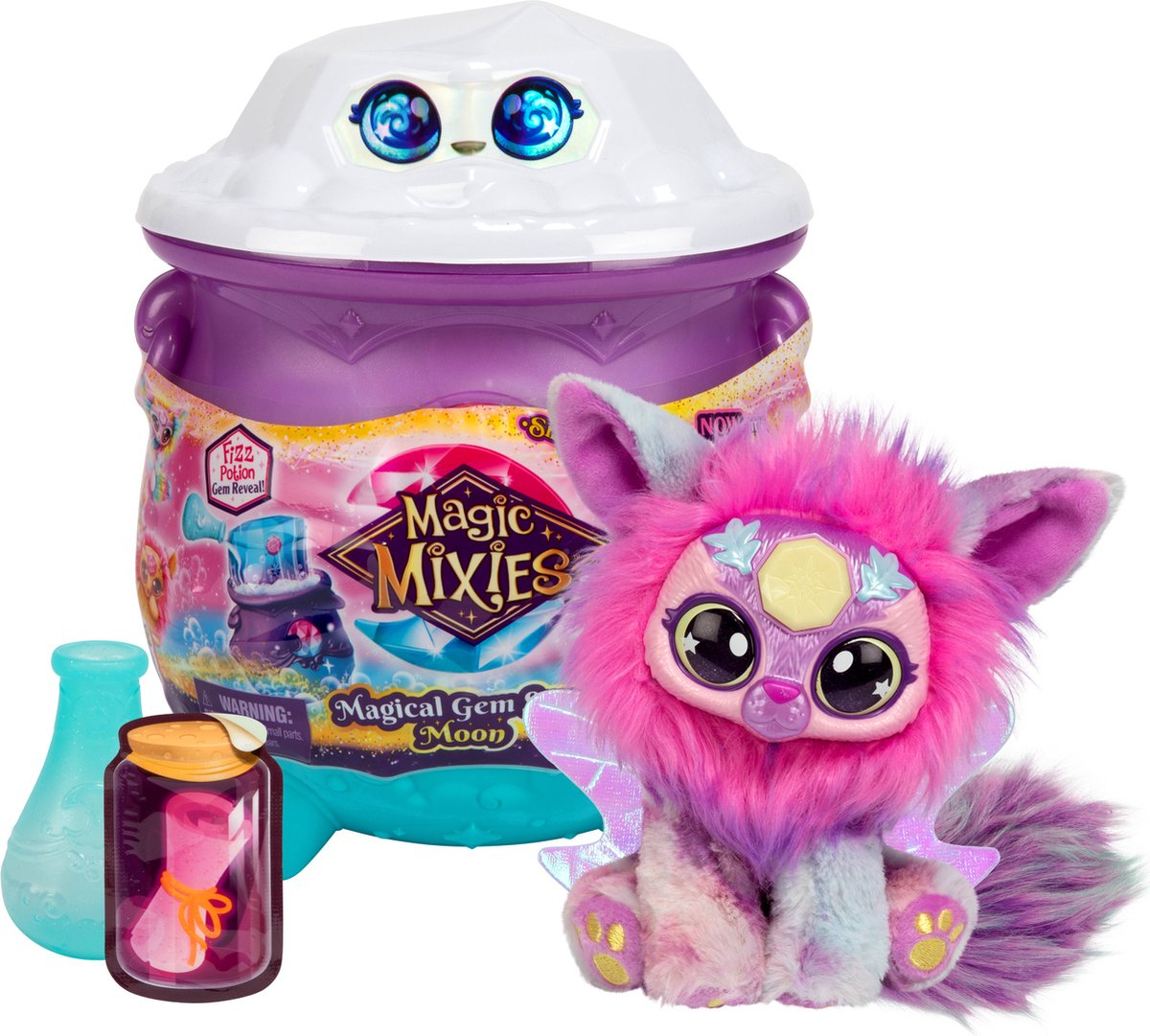 Ein Magic Mixies Spielzeugset mit Kessel, Kreatur und Zubehör, vor weißem Hintergrund.