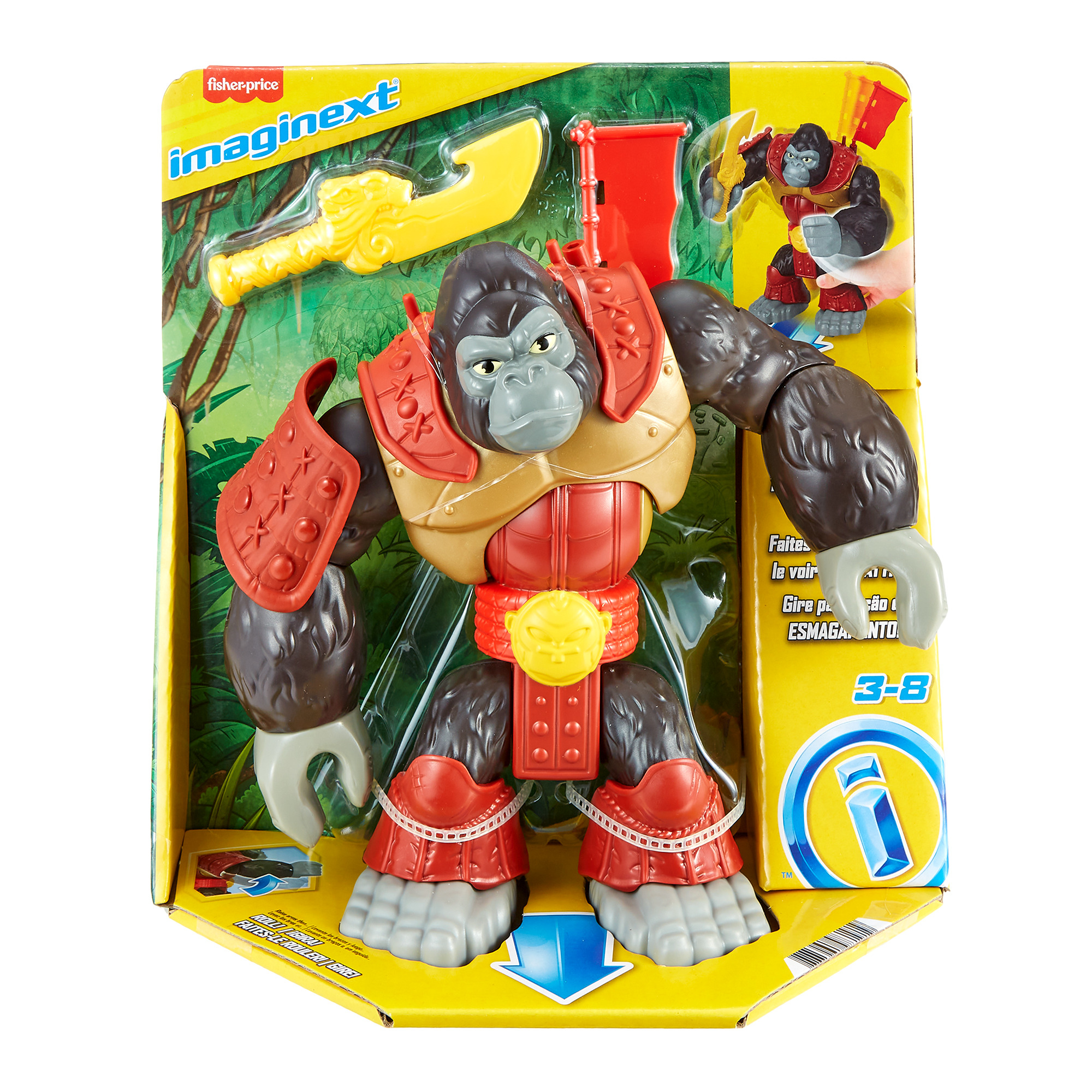 Un juguete Fisher-Price Imaginext: un gorila con armadura. El paquete incluye un accesorio amarillo en forma de espada.