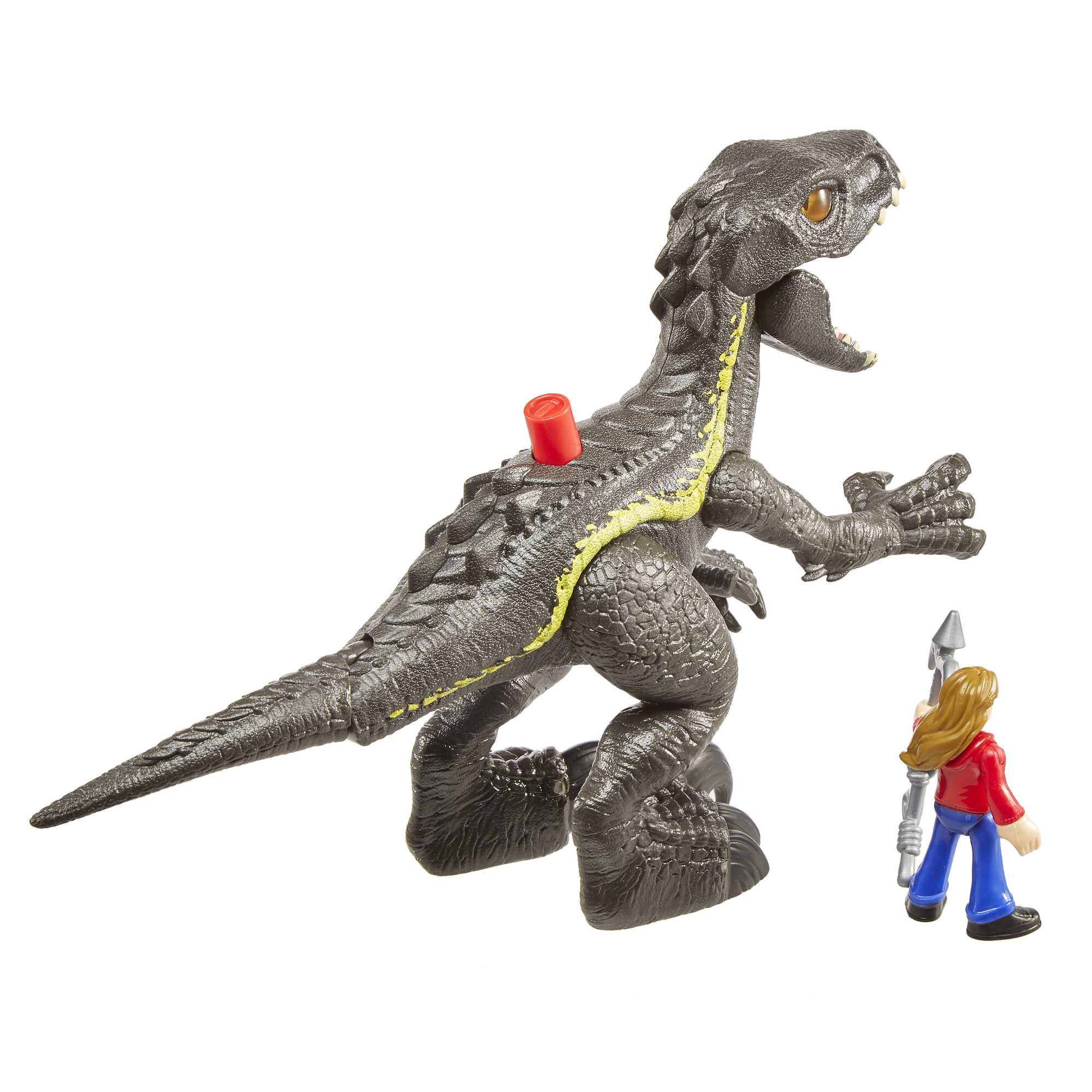 Schwarzes Dinosaurierspielzeug mit rotem Knopf, gelbem Streifen und Figur mit Speer.