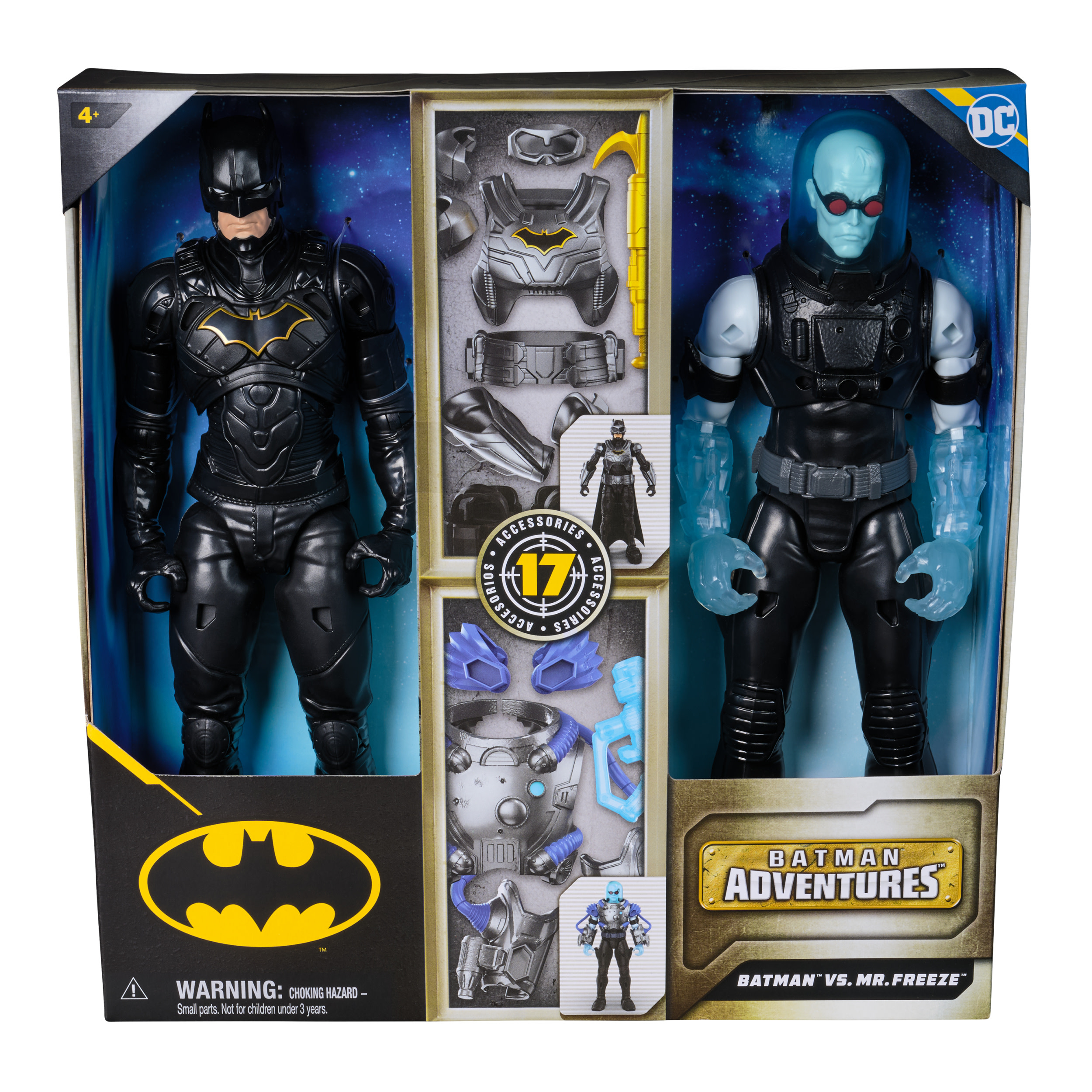 Figurki Batmana i Mr. Freeze w opakowaniu. Batman jest czarny, Mr. Freeze jest niebieski. Akcesoria pośrodku.