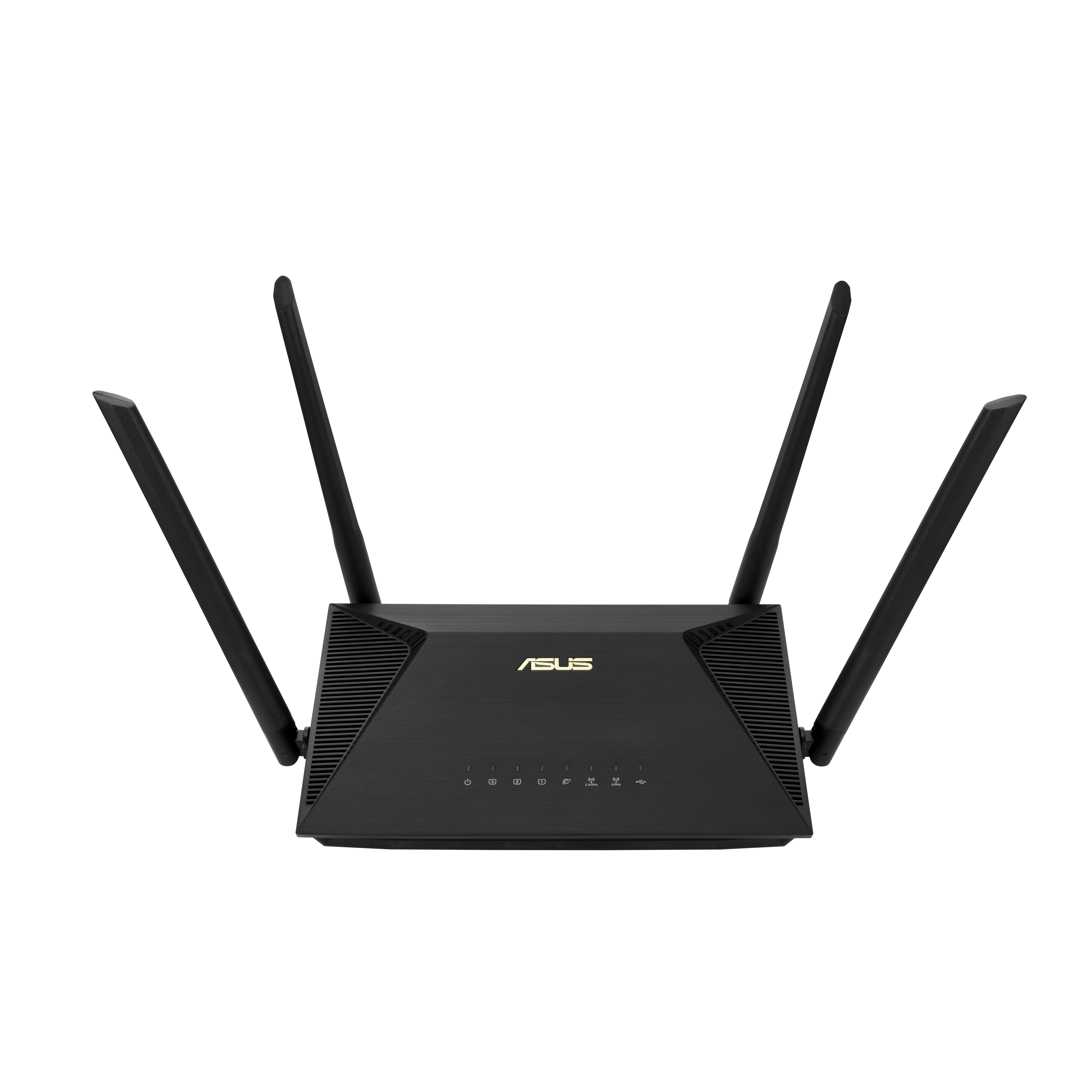 Czarny router ASUS z antenami. Router jest na białym tle.