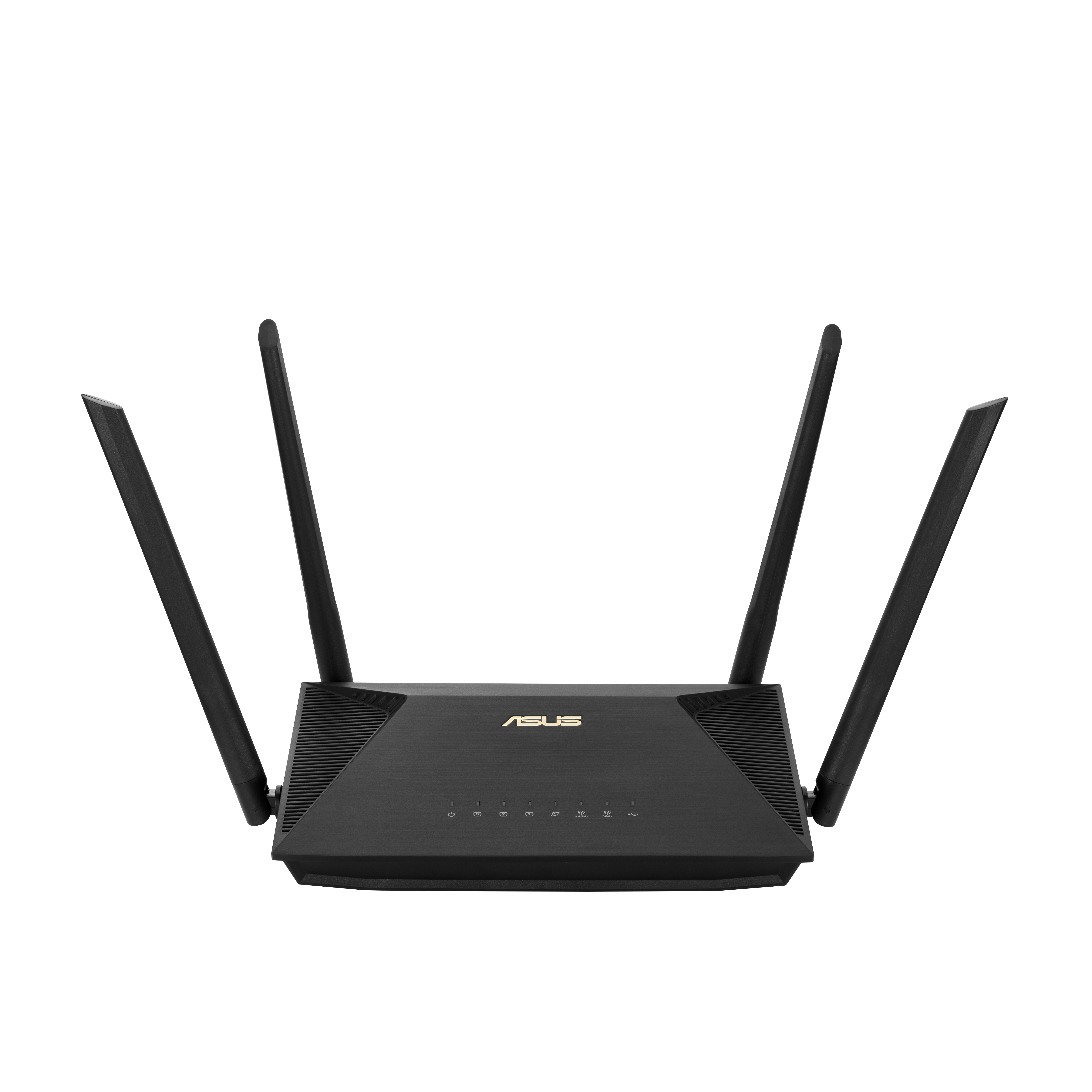 Czarny router ASUS z czterema antenami, pokazujący światła i porty z przodu.