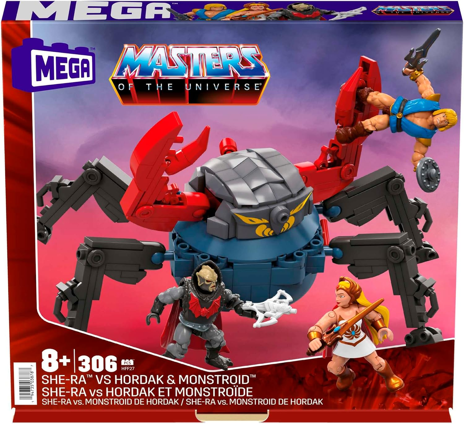 Un juego de juguetes de un cangrejo robot con He-Man y otras figuras. La caja tiene un fondo azul y texto.