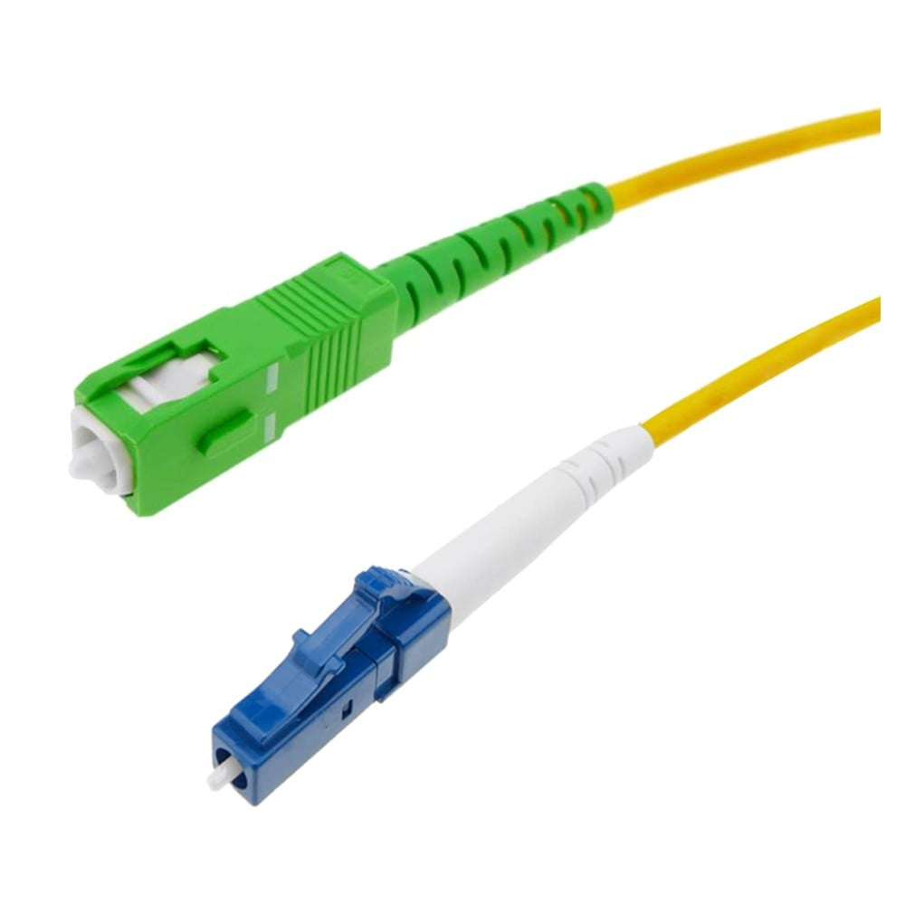 Due cavi in fibra ottica con connettori verde e blu e cavi gialli.