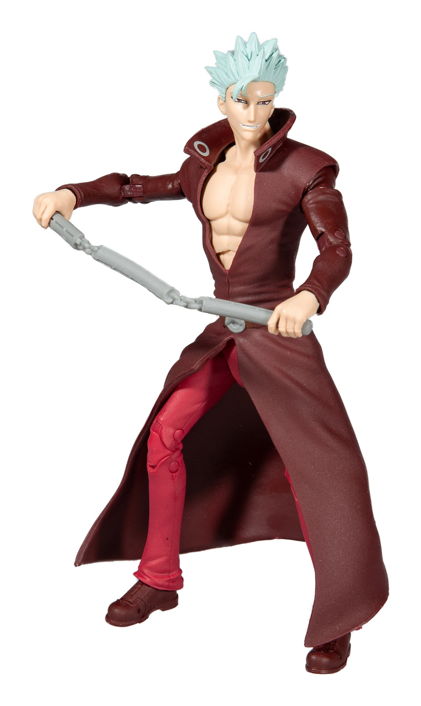 Una figura de anime masculina con cabello azul claro, en un abrigo largo, sosteniendo dos objetos grises.